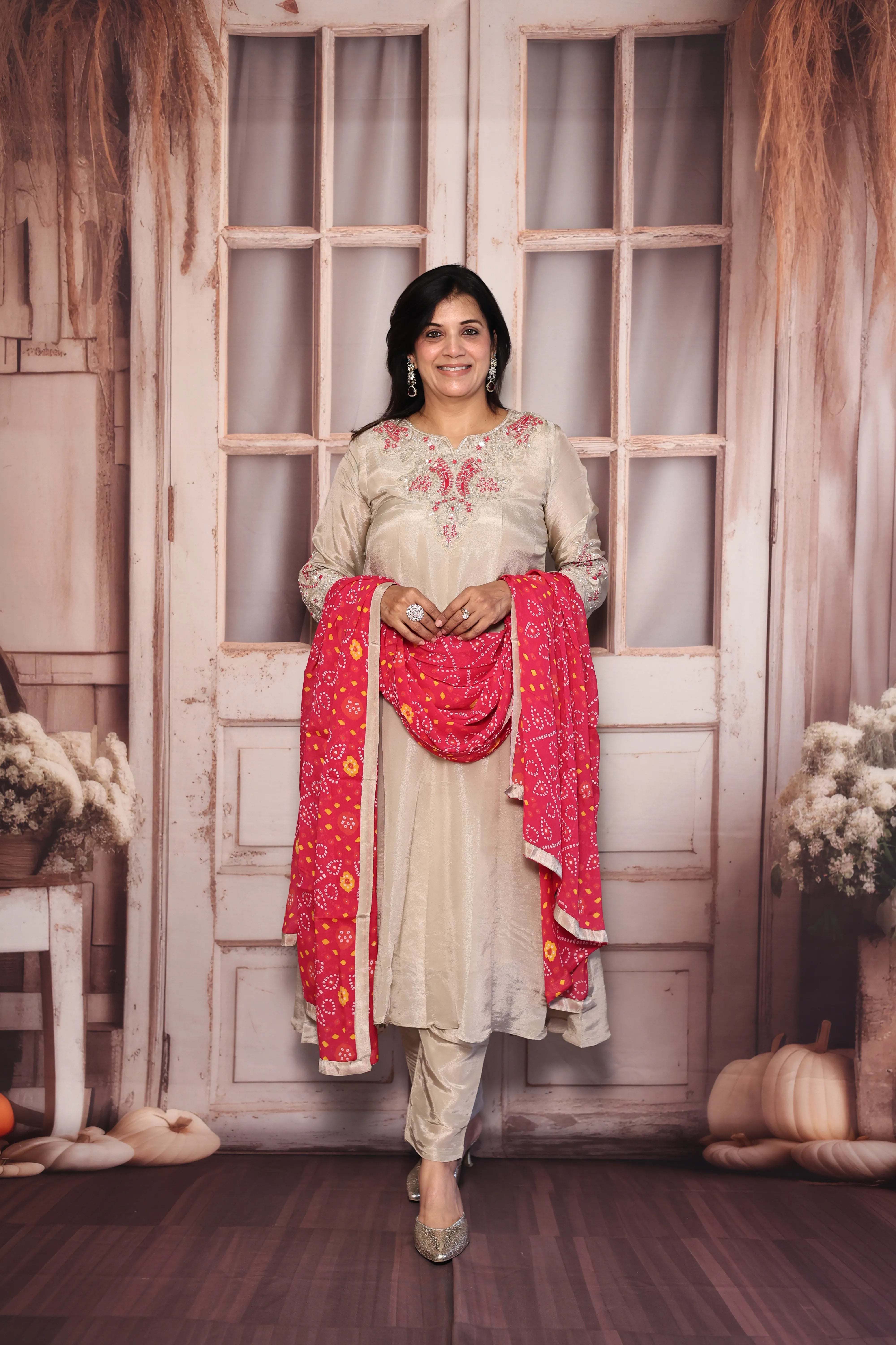 Beige & Rani A-Line Kurta Bandhej Print Dupatta Set | Pearl & Sequins Work Premium Tissue Ensemble