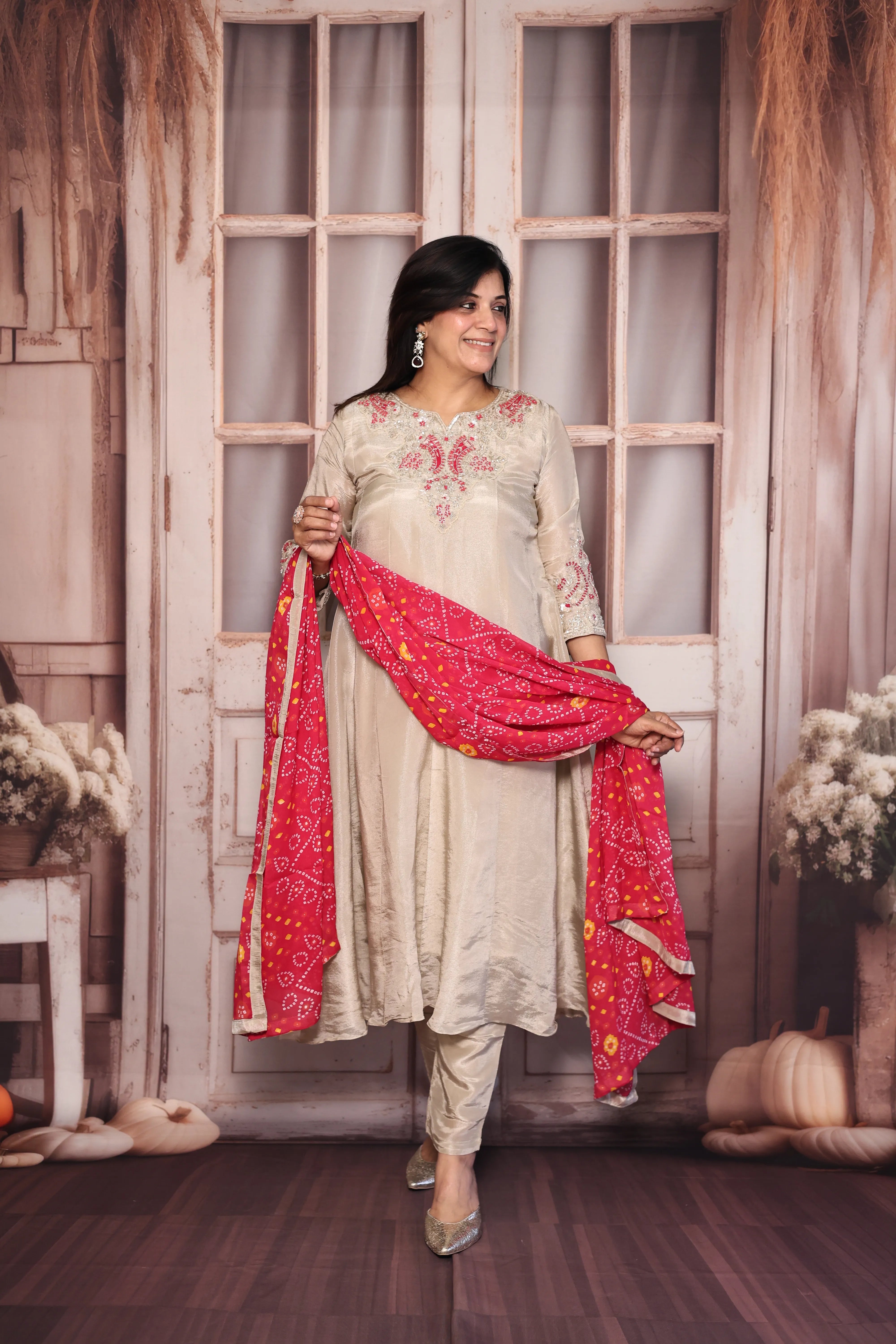 Beige & Rani A-Line Kurta Bandhej Print Dupatta Set | Pearl & Sequins Work Premium Tissue Ensemble