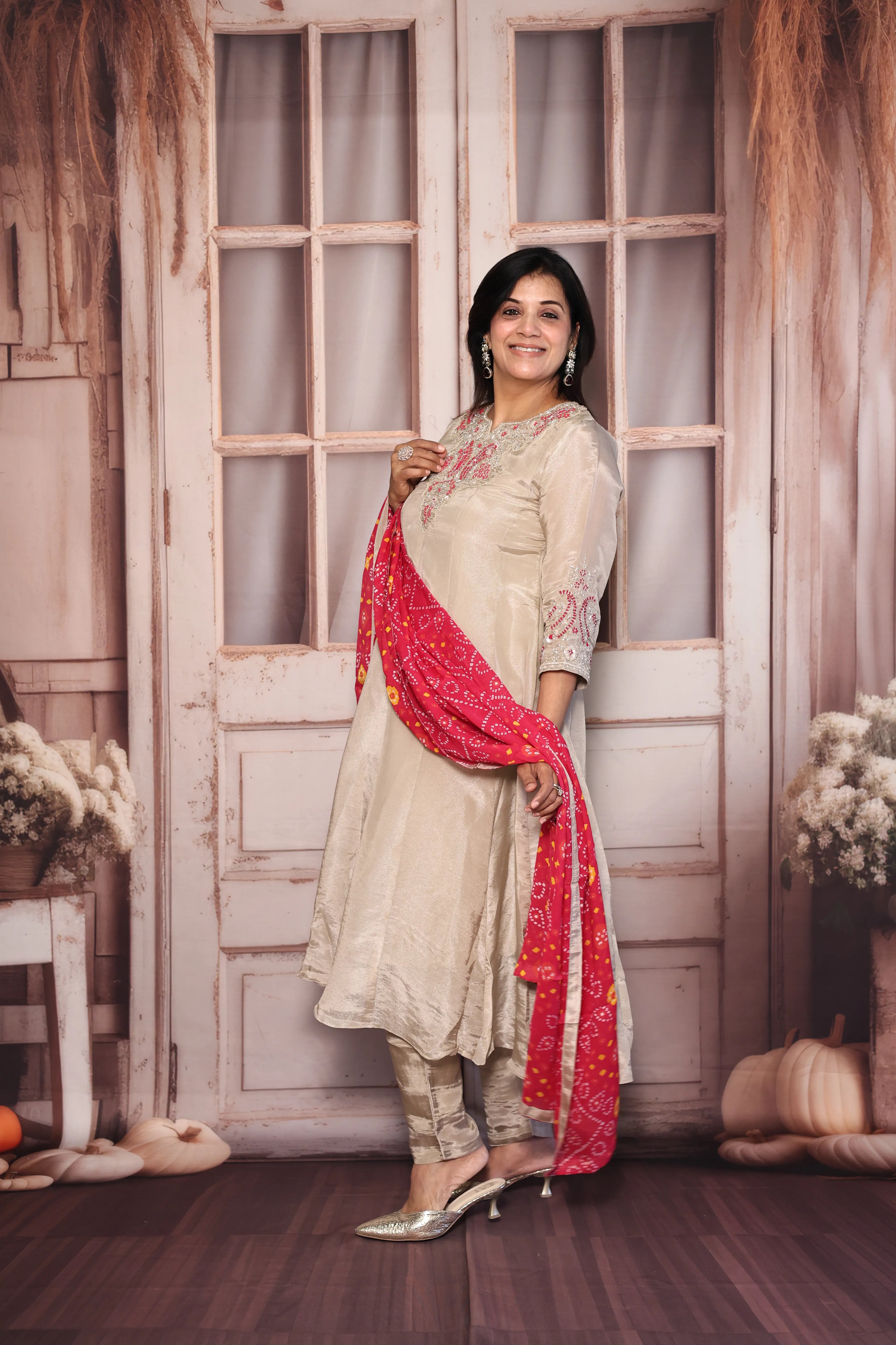 Beige & Rani A-Line Kurta Bandhej Print Dupatta Set | Pearl & Sequins Work Premium Tissue Ensemble