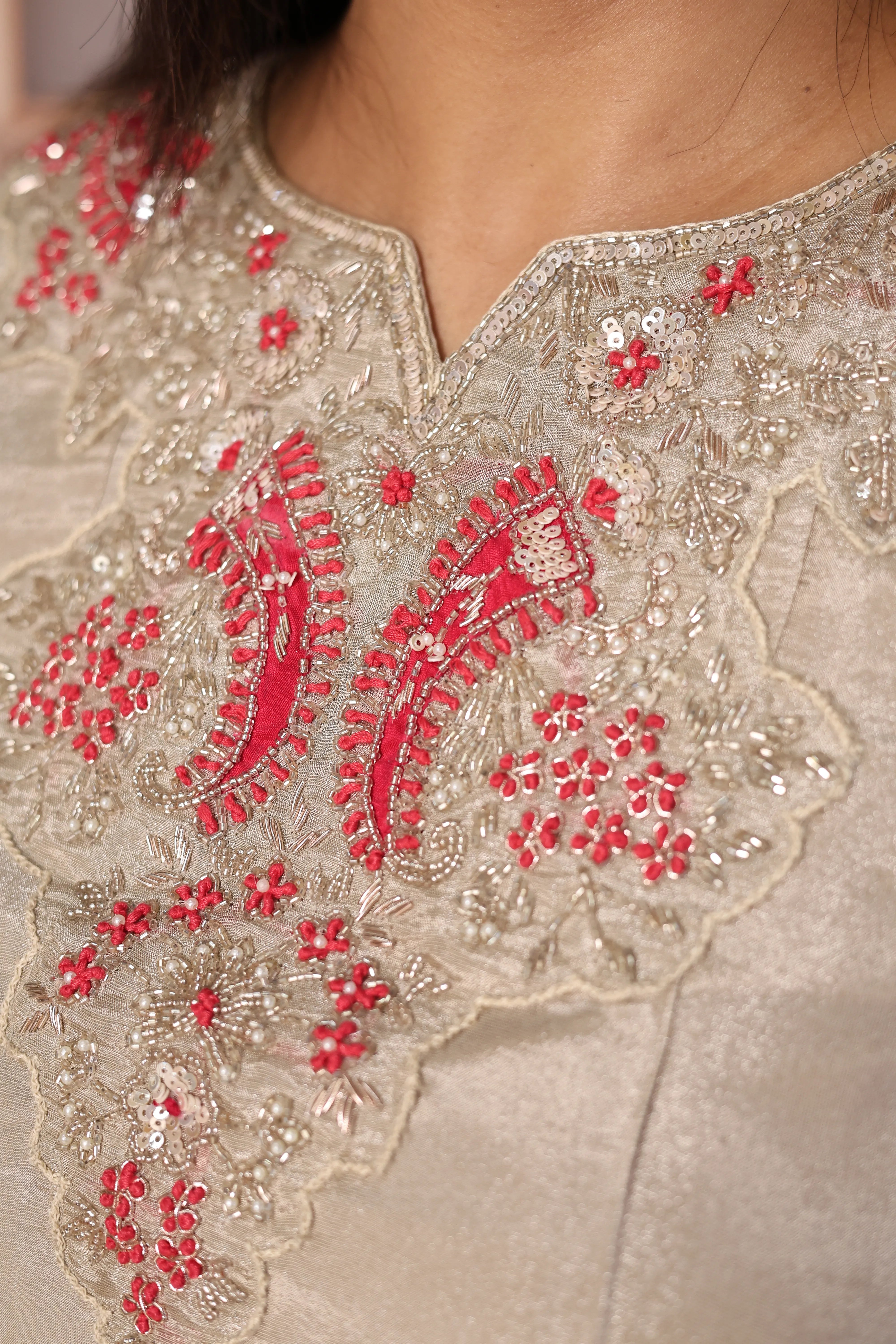 Beige & Rani A-Line Kurta Bandhej Print Dupatta Set | Pearl & Sequins Work Premium Tissue Ensemble