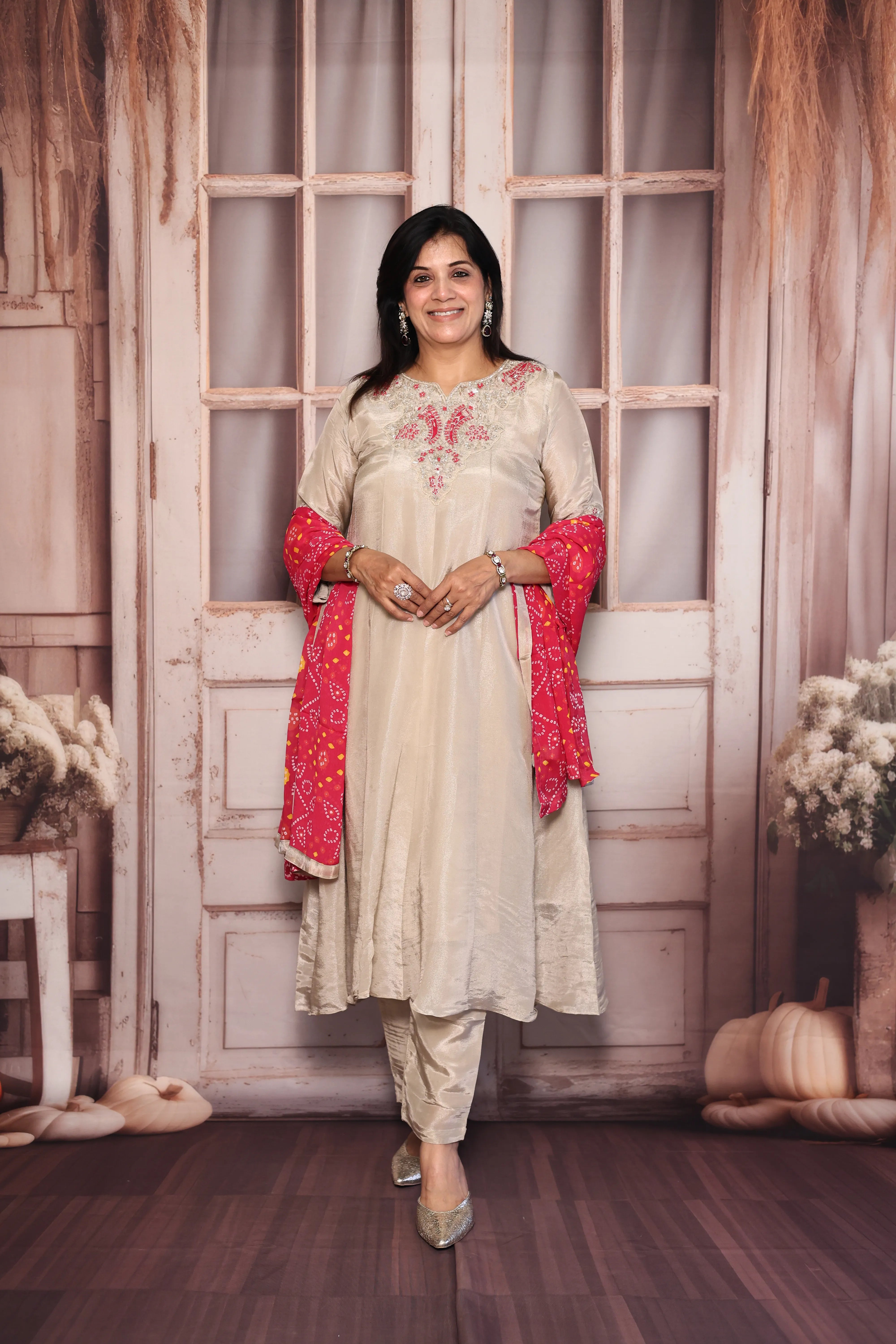 Beige & Rani A-Line Kurta Bandhej Print Dupatta Set | Pearl & Sequins Work Premium Tissue Ensemble