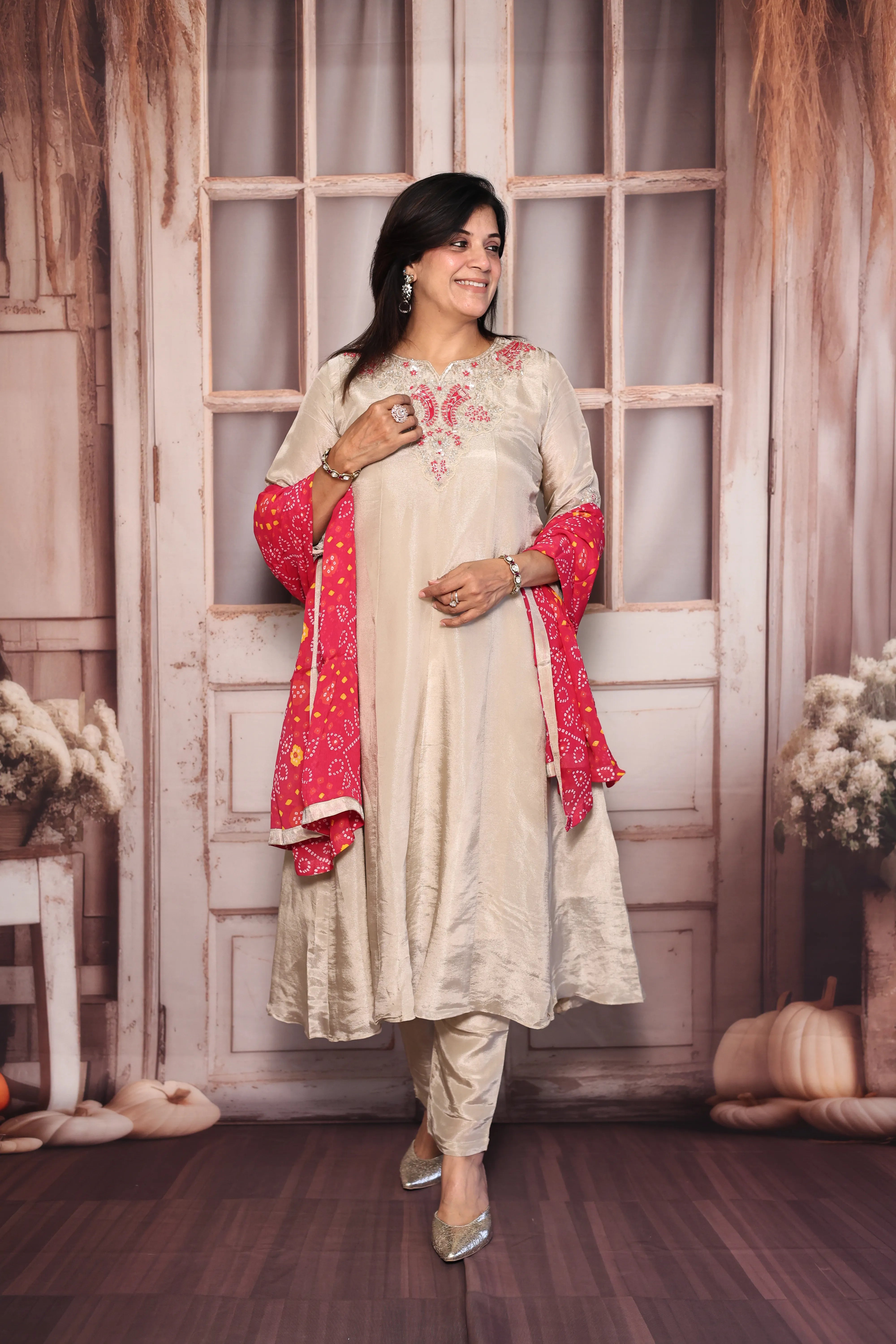 Beige & Rani A-Line Kurta Bandhej Print Dupatta Set | Pearl & Sequins Work Premium Tissue Ensemble