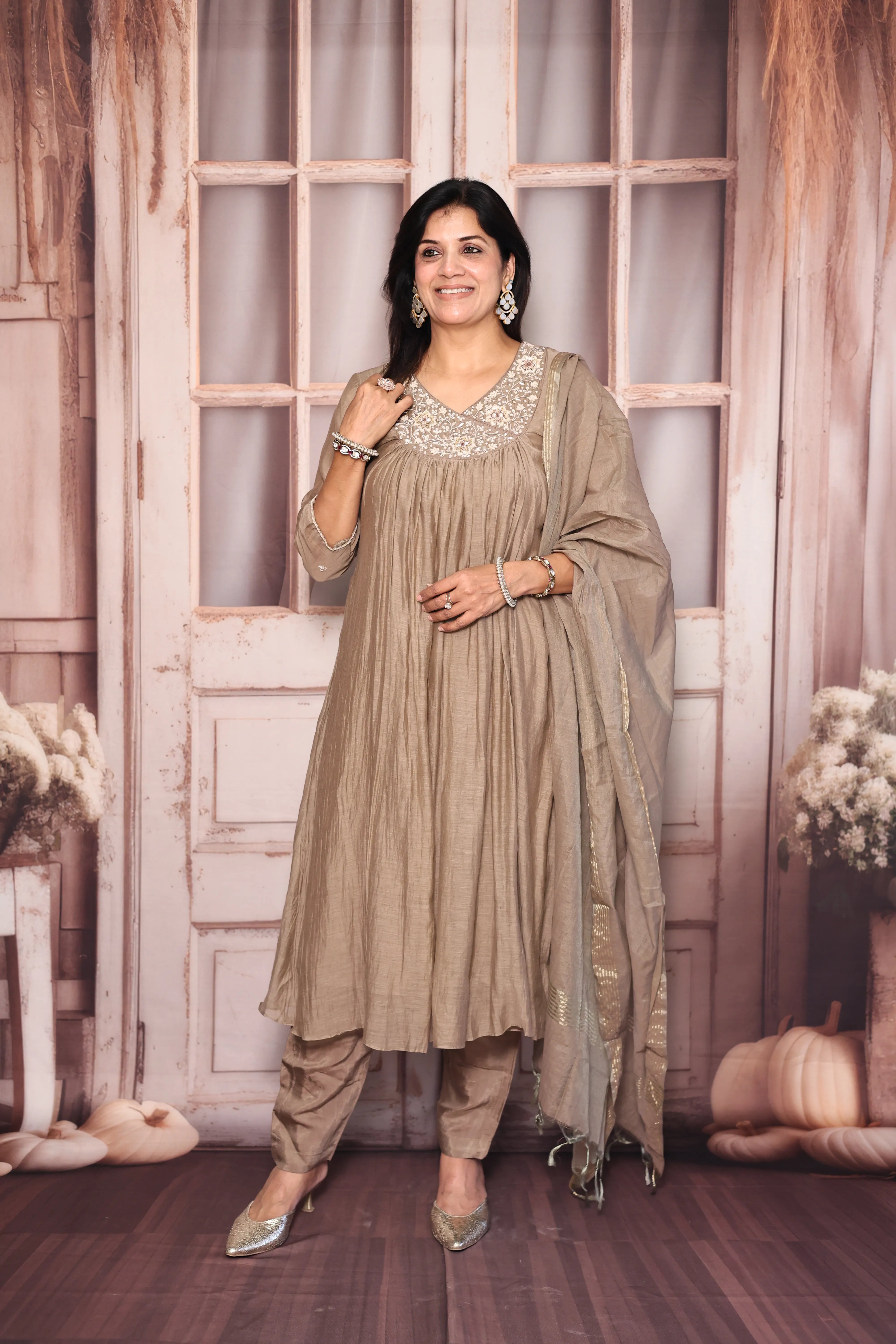 Reddish Grey Angrakha Style A-Line Dupatta Set | Pearl & Sequin Embroidered Premium Mul Chanderi