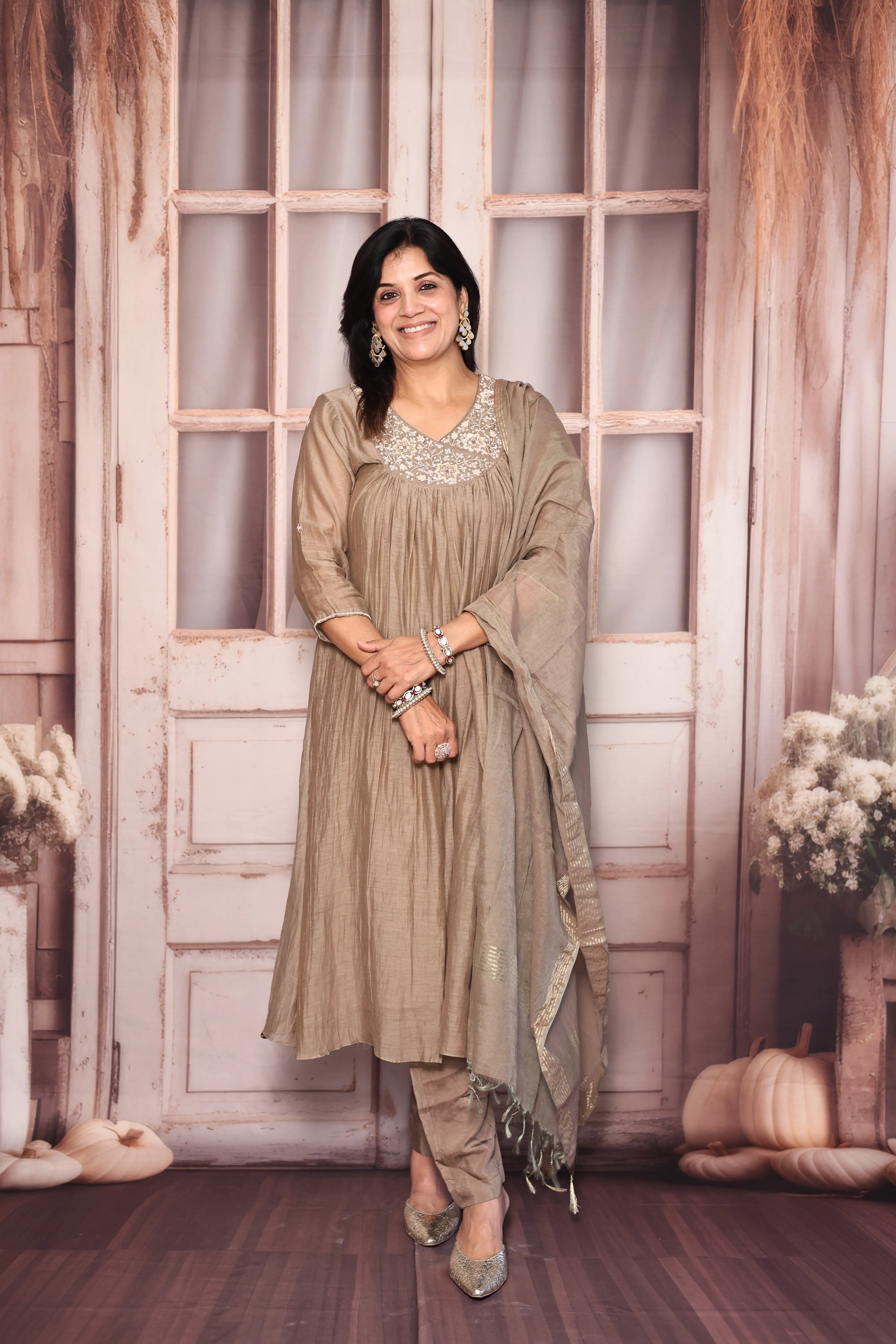 Reddish Grey Angrakha Style A-Line Dupatta Set | Pearl & Sequin Embroidered Premium Mul Chanderi