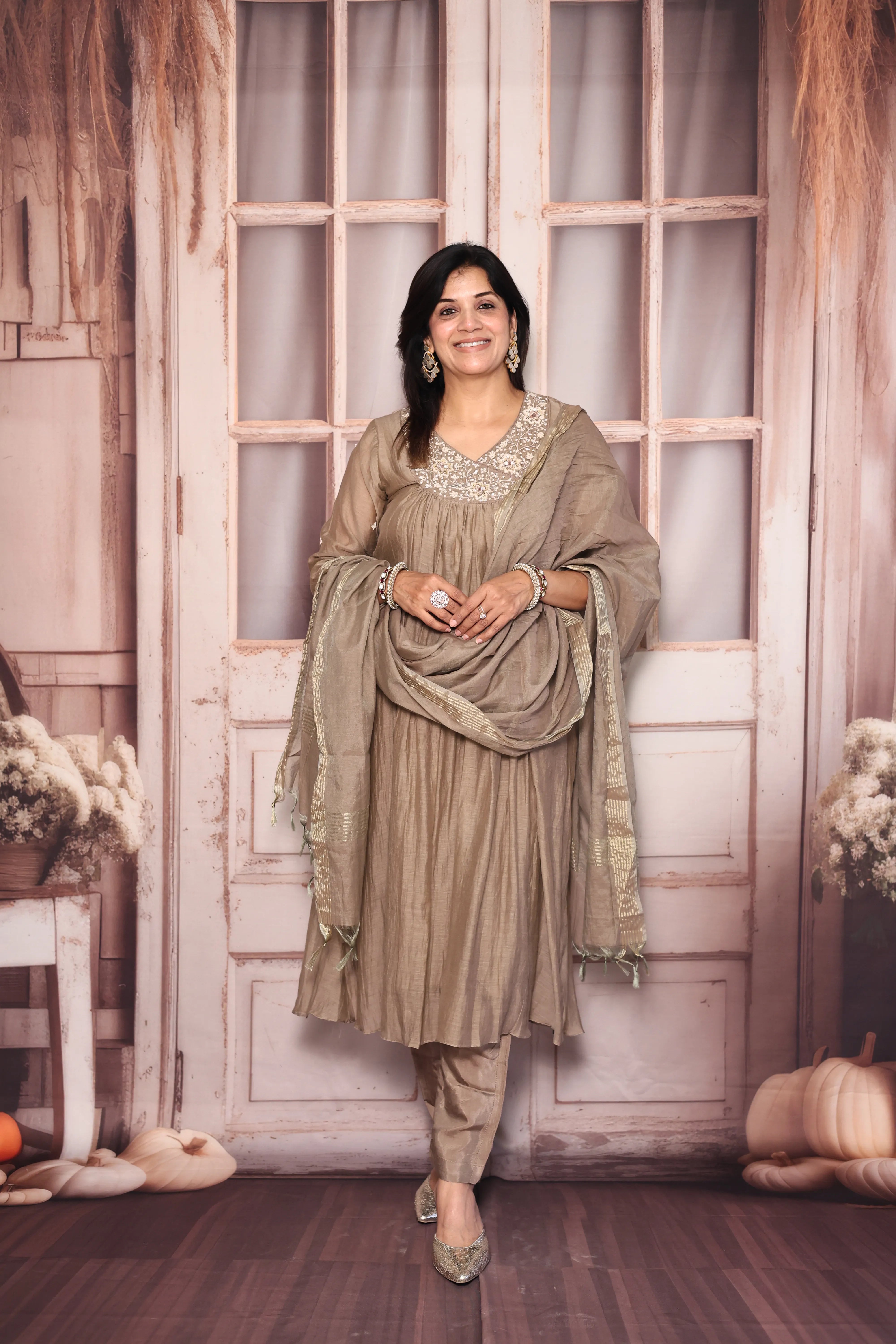 Reddish Grey Angrakha Style A-Line Dupatta Set | Pearl & Sequin Embroidered Premium Mul Chanderi