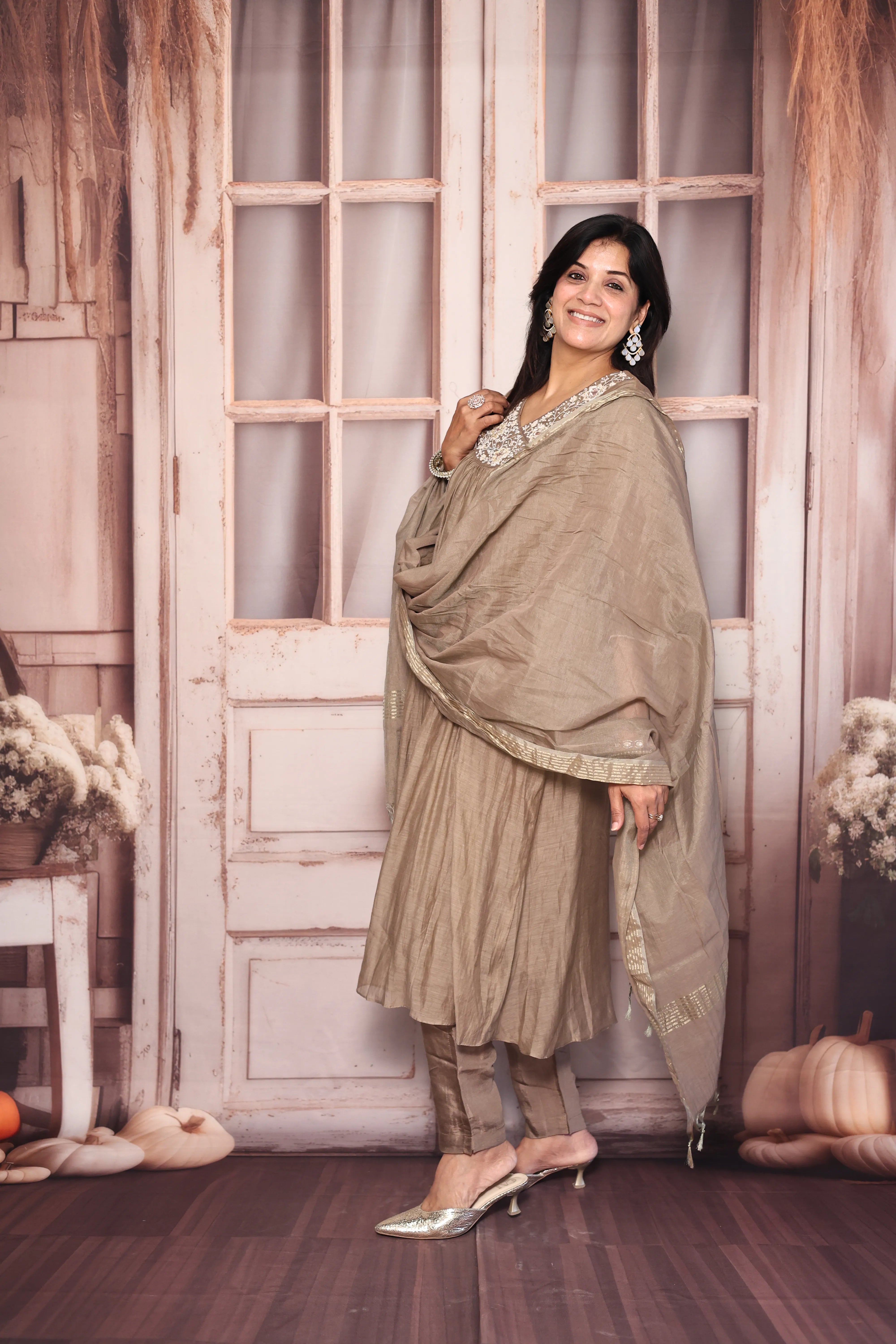 Reddish Grey Angrakha Style A-Line Dupatta Set | Pearl & Sequin Embroidered Premium Mul Chanderi