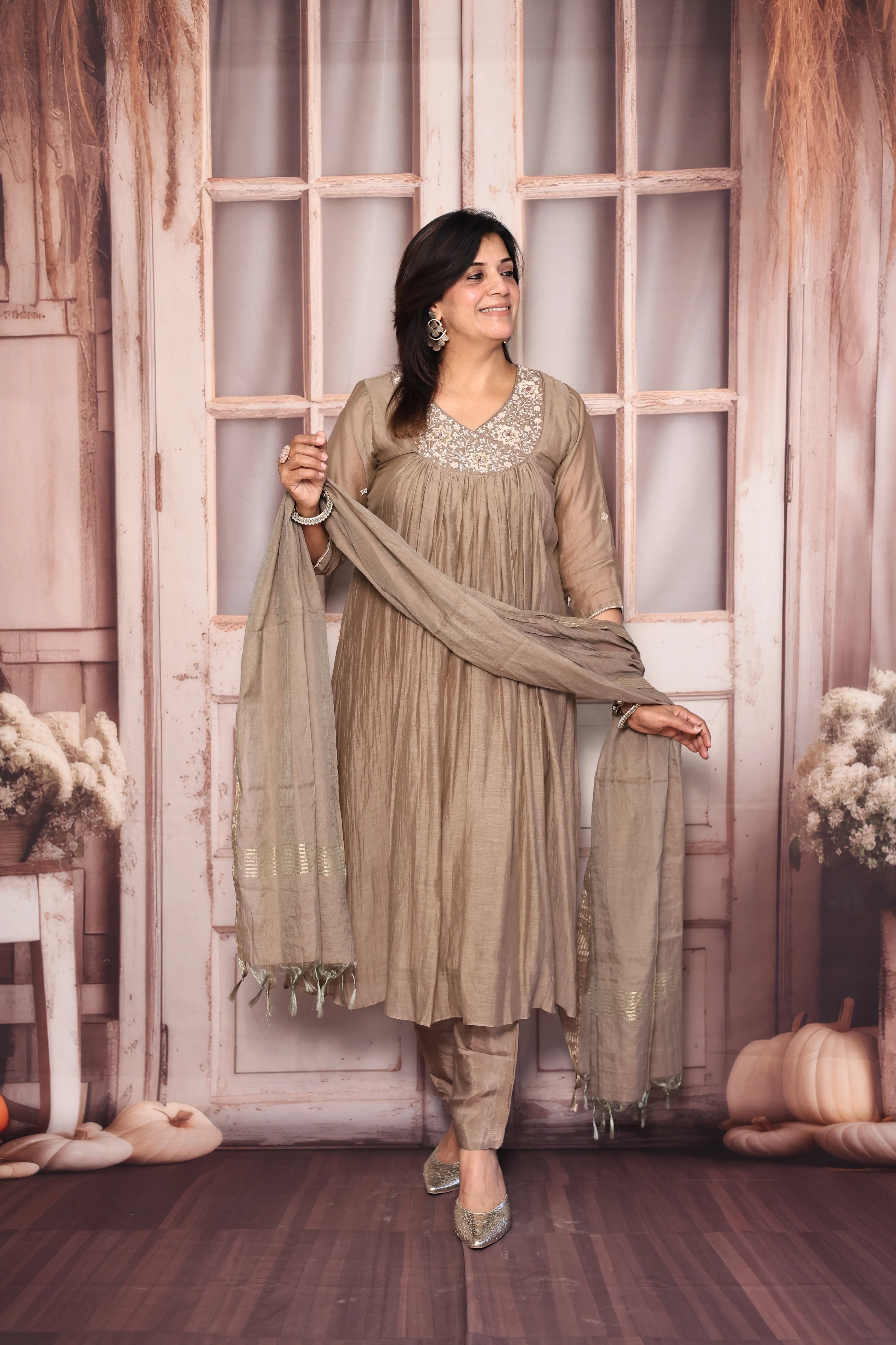 Reddish Grey Angrakha Style A-Line Dupatta Set | Pearl & Sequin Embroidered Premium Mul Chanderi