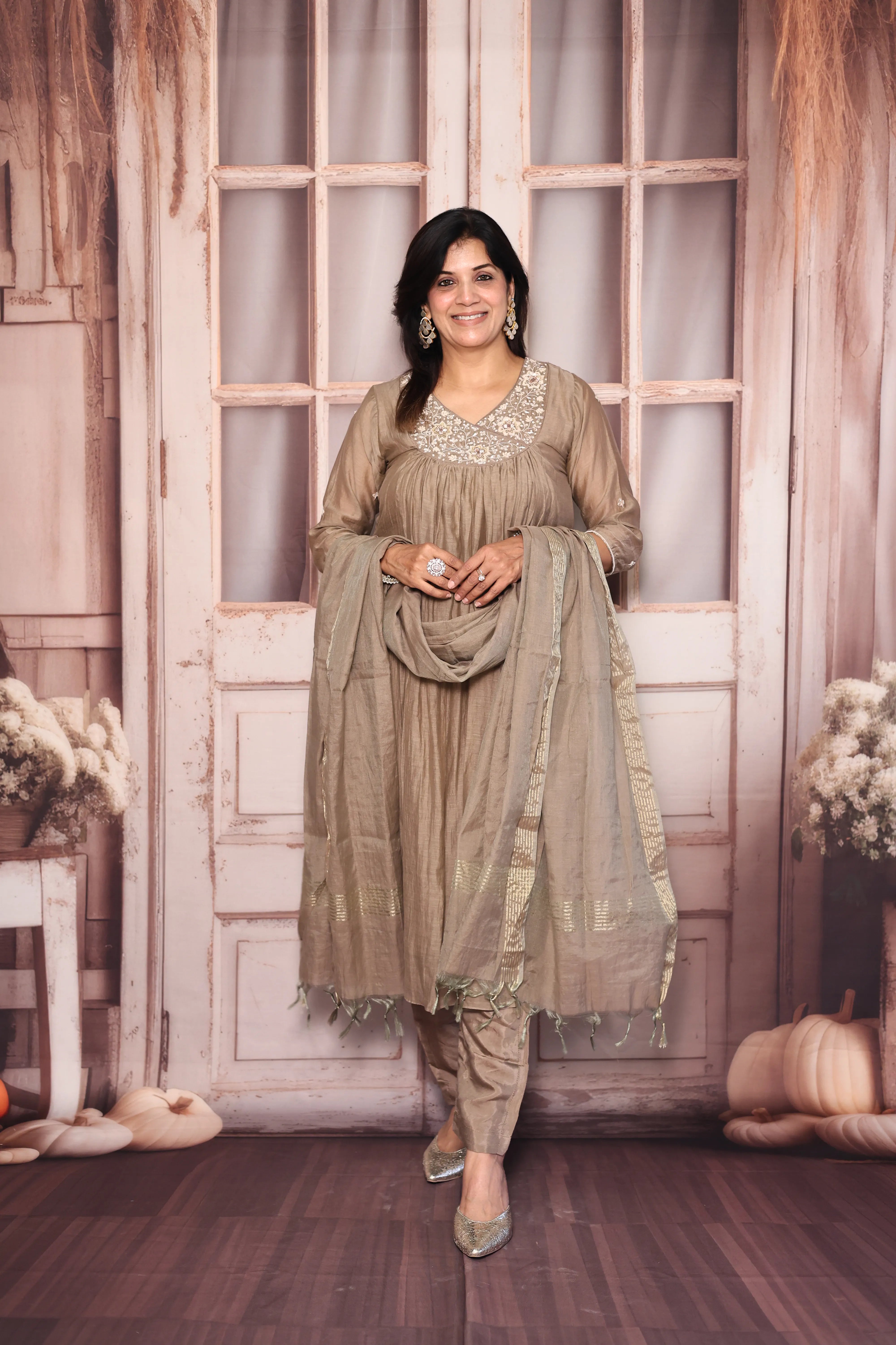 Reddish Grey Angrakha Style A-Line Dupatta Set | Pearl & Sequin Embroidered Premium Mul Chanderi