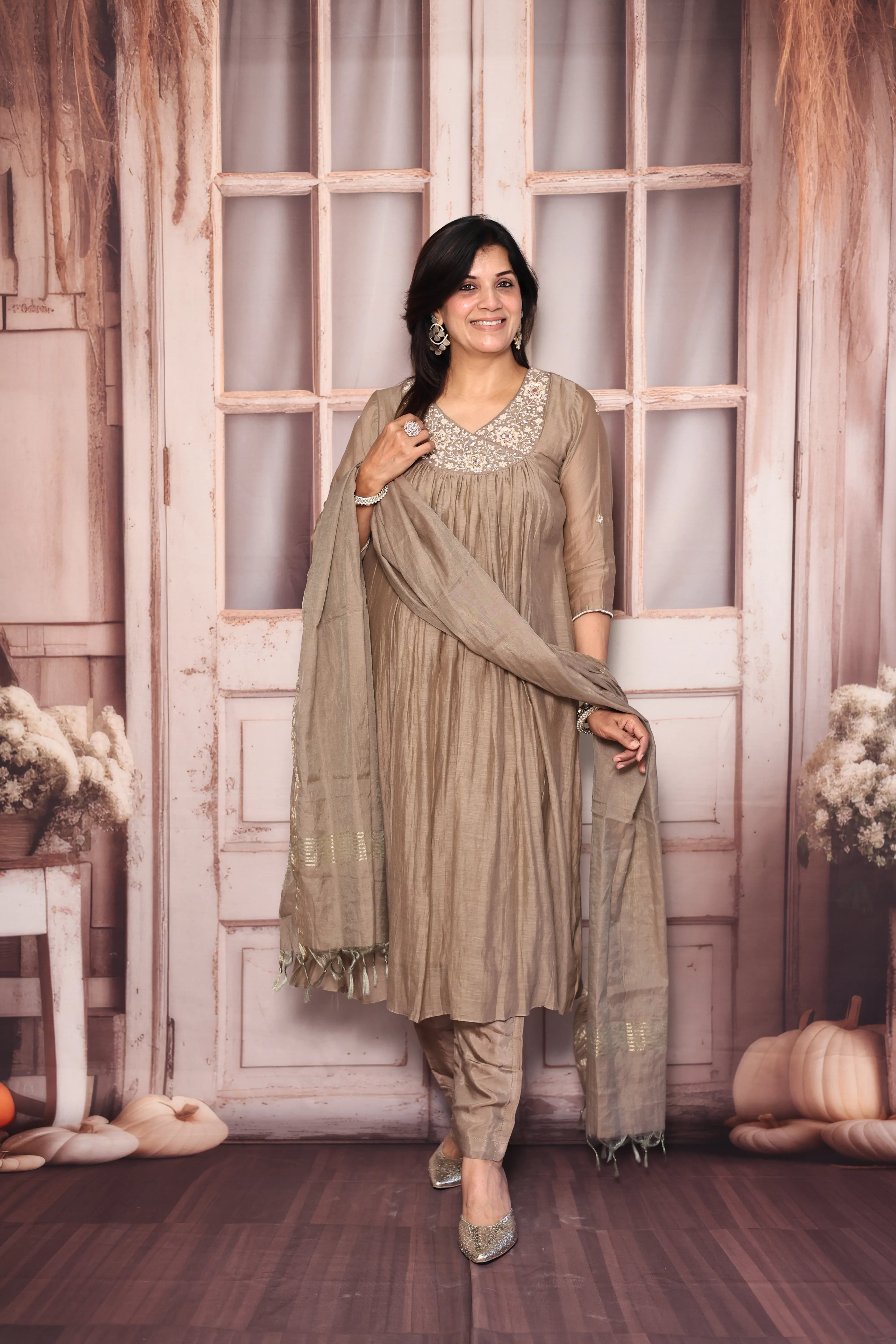 Reddish Grey Angrakha Style A-Line Dupatta Set | Pearl & Sequin Embroidered Premium Mul Chanderi