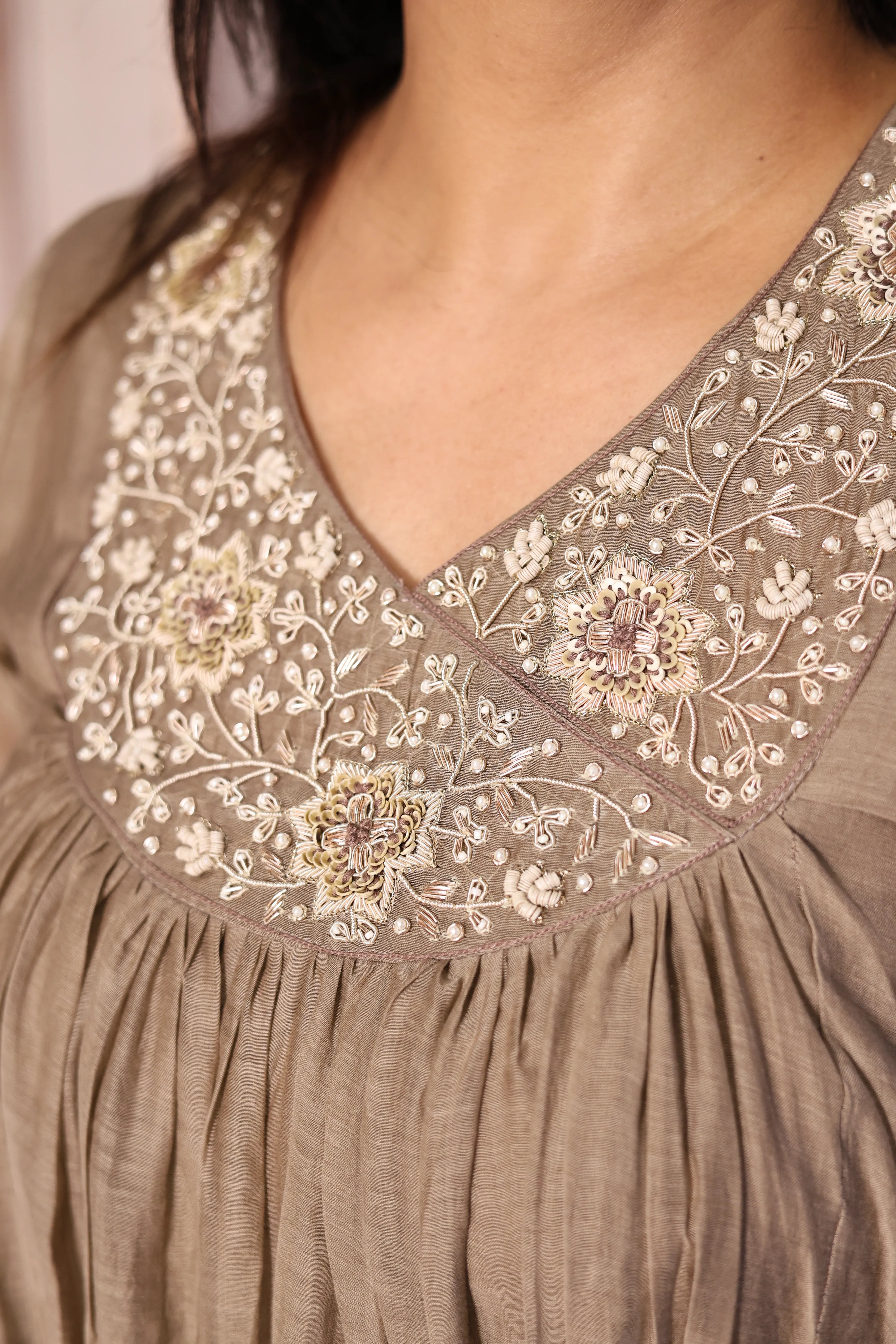 Reddish Grey Angrakha Style A-Line Dupatta Set | Pearl & Sequin Embroidered Premium Mul Chanderi