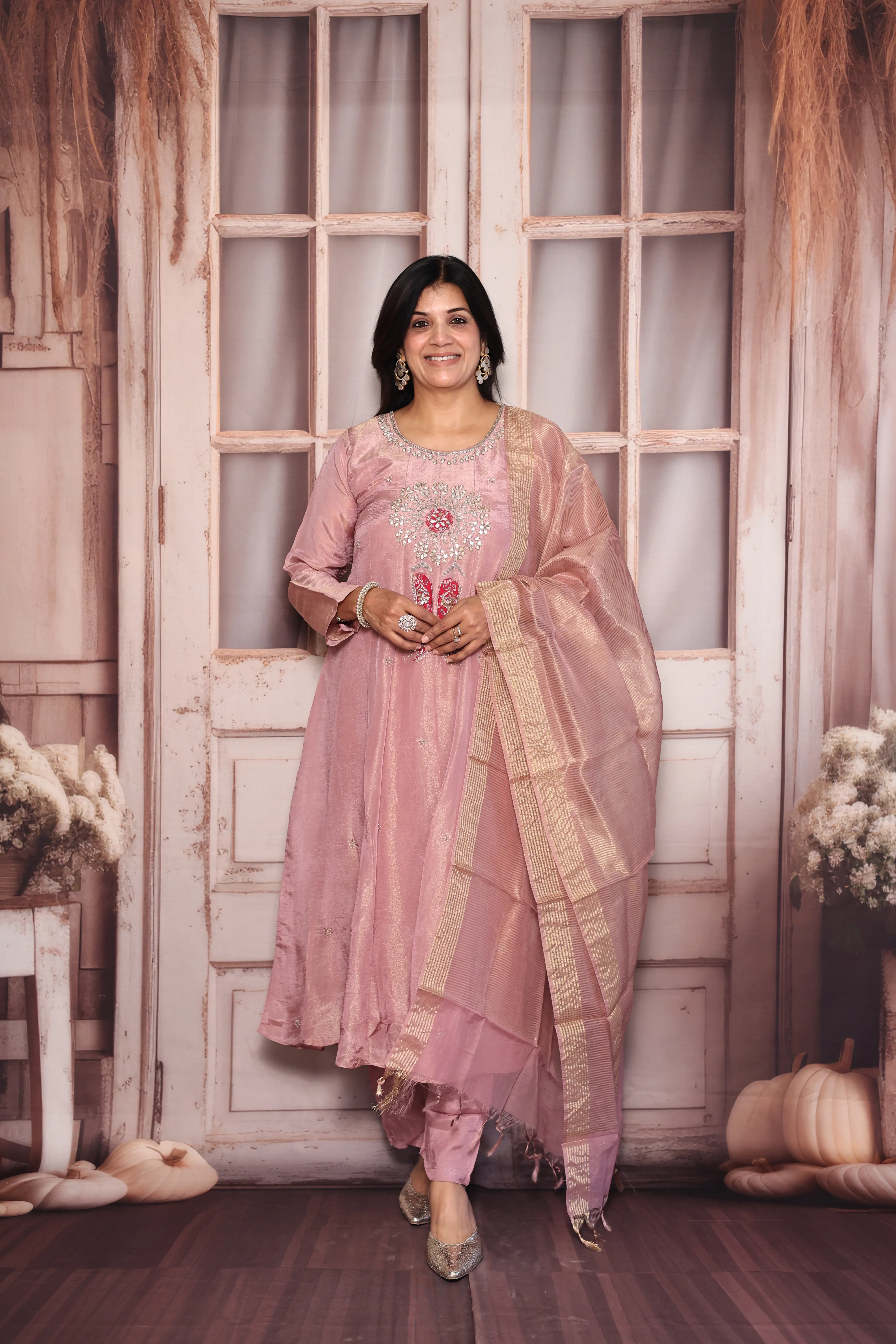 Light Pink A-Line Kurta Dupatta Set | Pearl & Gota Patti Embroidered Premium Tissue Ensemble