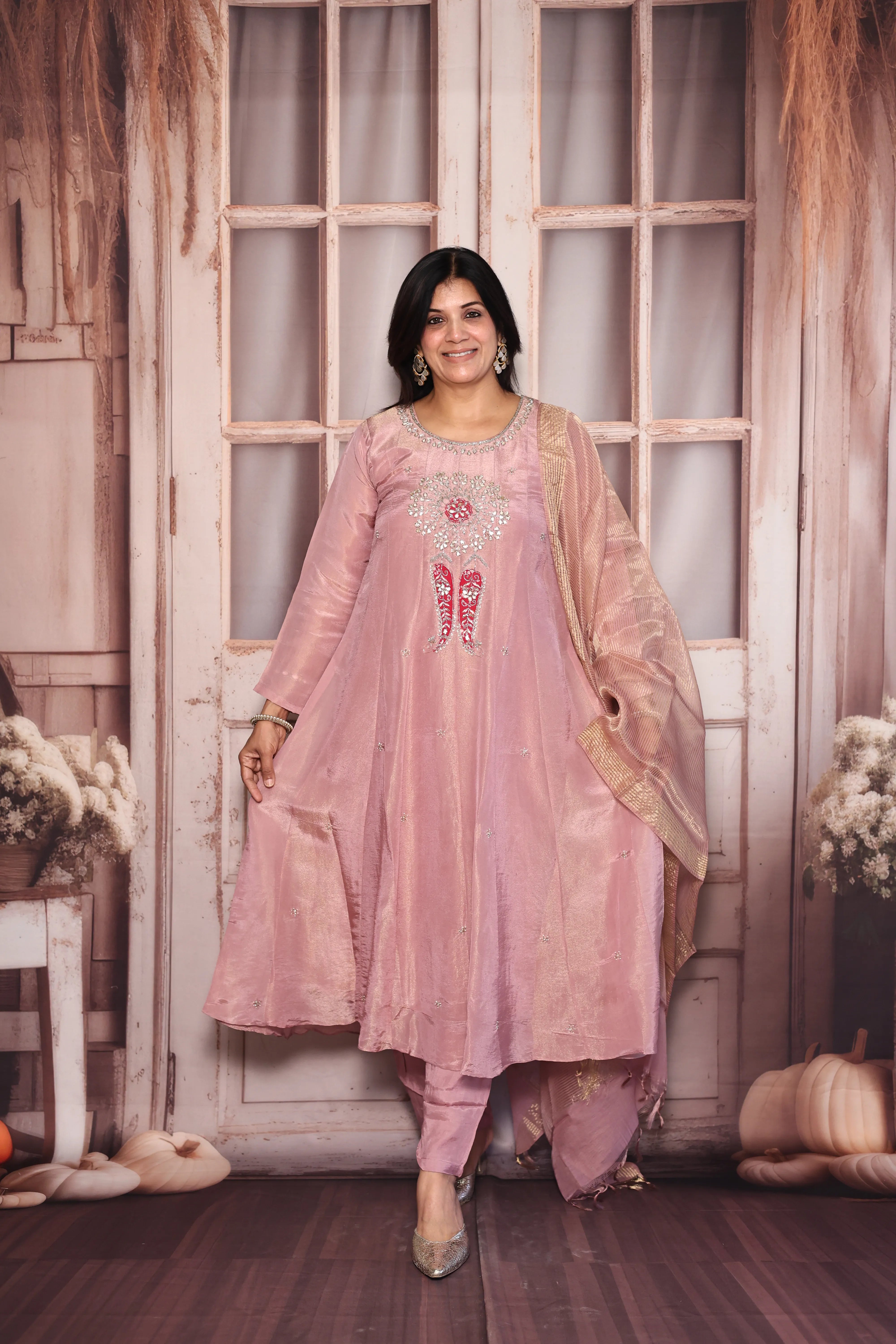 Light Pink A-Line Kurta Dupatta Set | Pearl & Gota Patti Embroidered Premium Tissue Ensemble