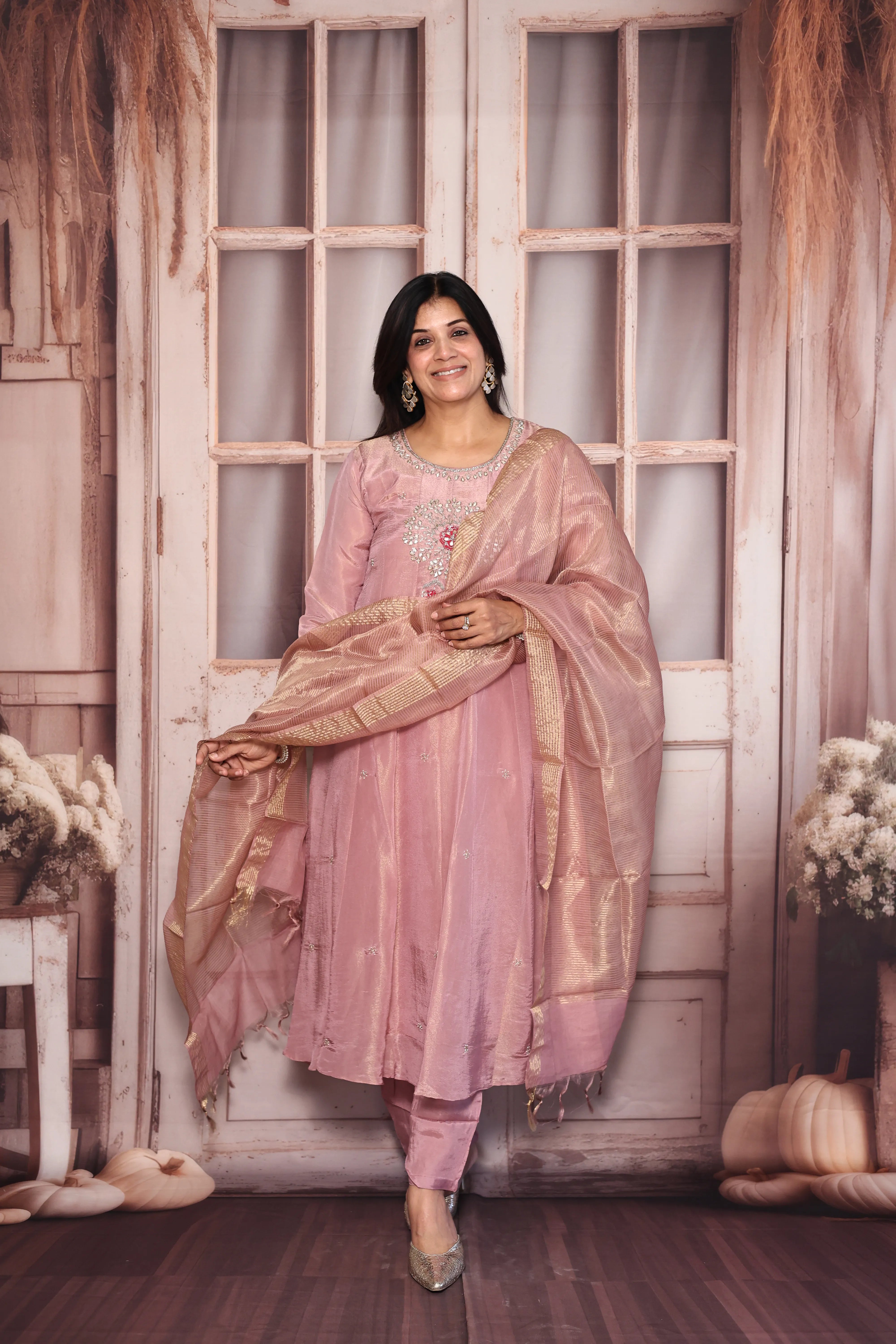 Light Pink A-Line Kurta Dupatta Set | Pearl & Gota Patti Embroidered Premium Tissue Ensemble