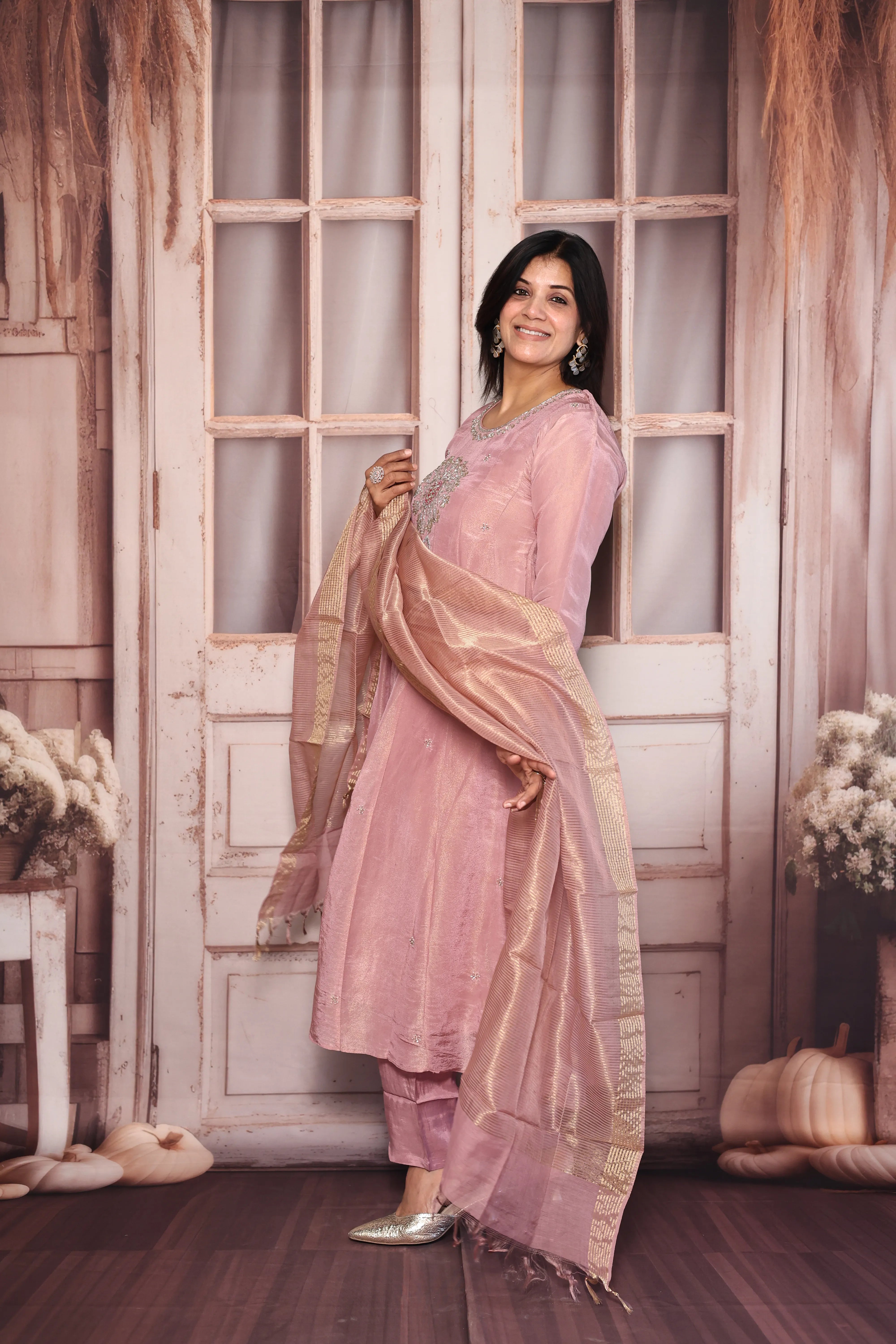 Light Pink A-Line Kurta Dupatta Set | Pearl & Gota Patti Embroidered Premium Tissue Ensemble