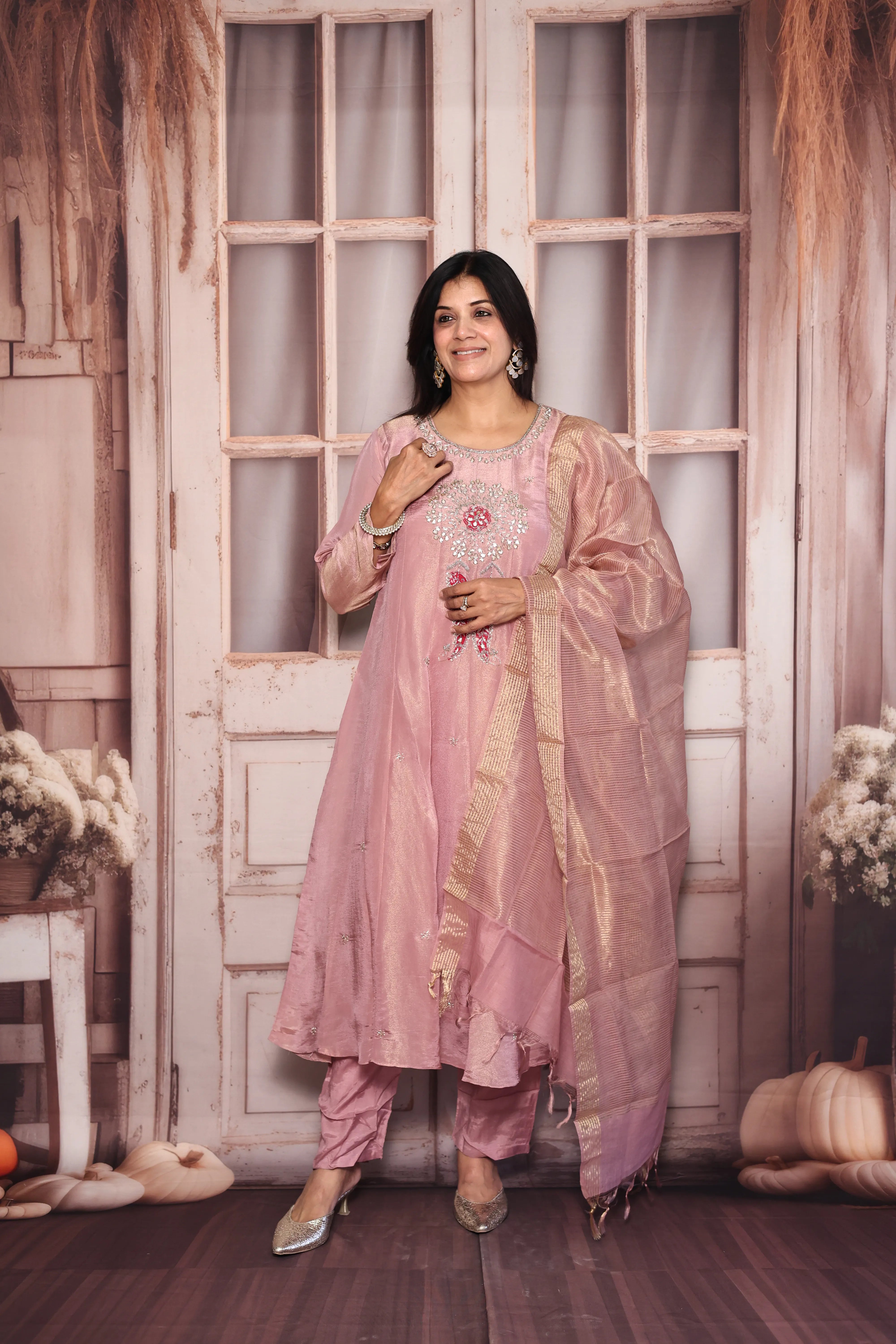 Light Pink A-Line Kurta Dupatta Set | Pearl & Gota Patti Embroidered Premium Tissue Ensemble