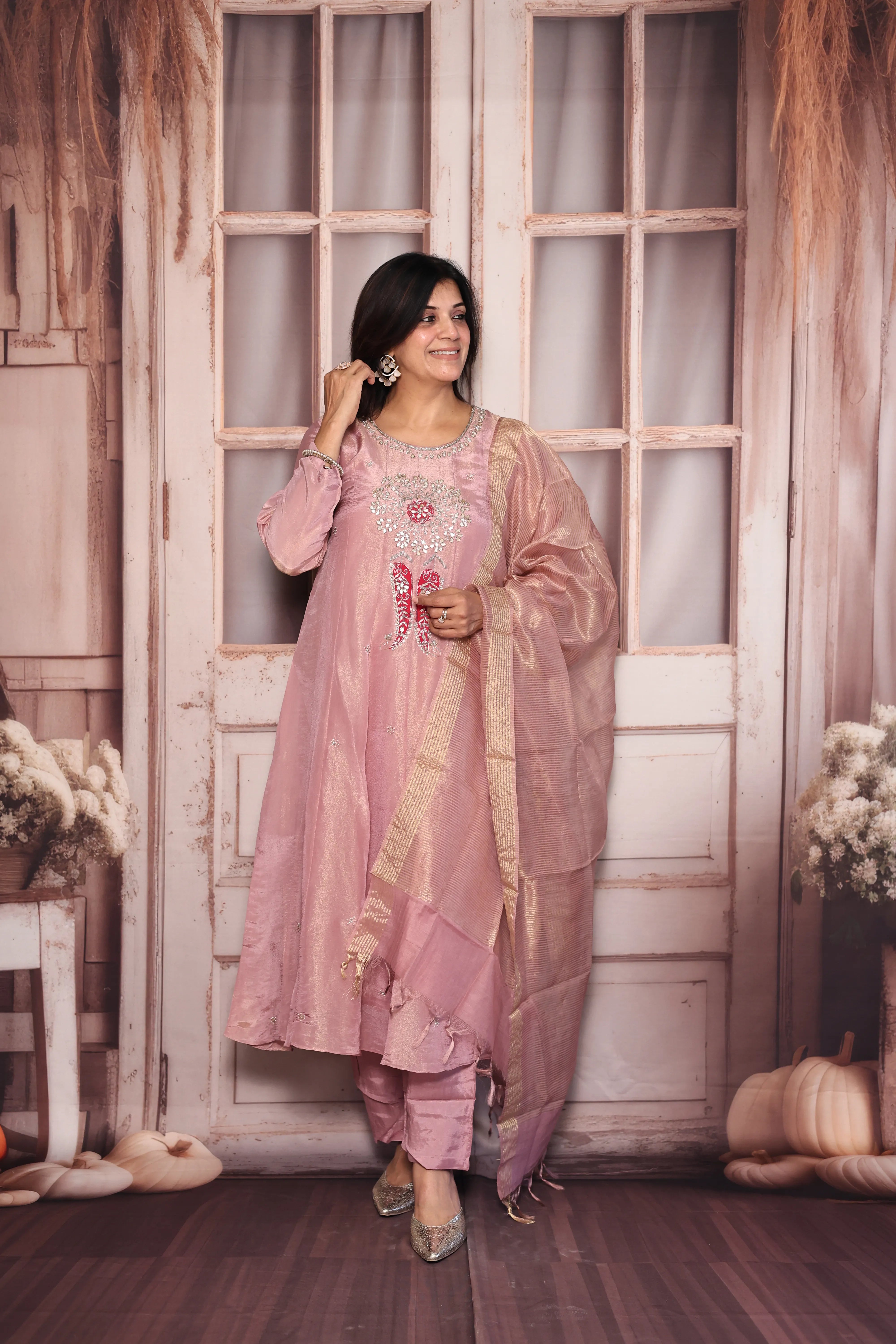 Light Pink A-Line Kurta Dupatta Set | Pearl & Gota Patti Embroidered Premium Tissue Ensemble