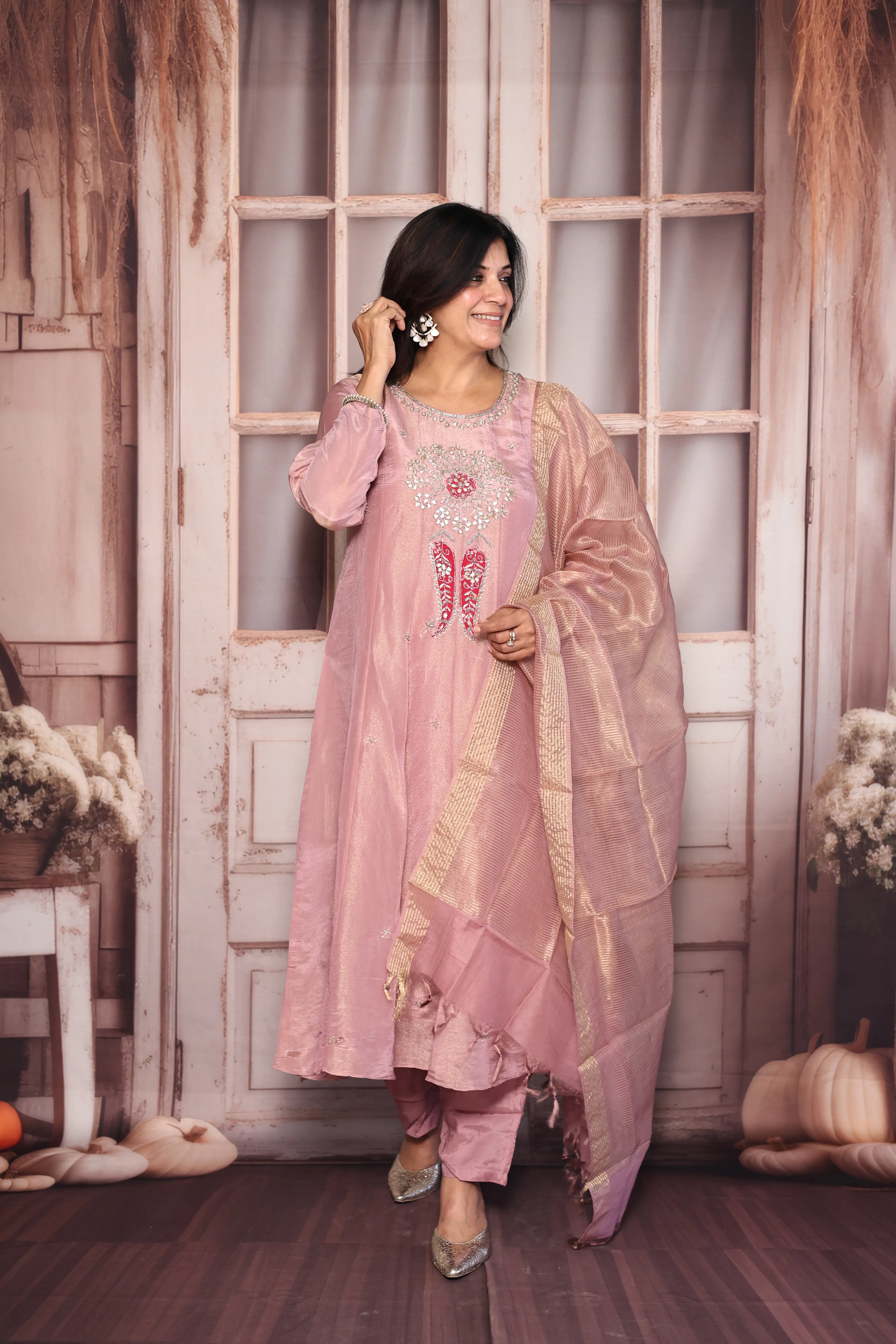 Light Pink A-Line Kurta Dupatta Set | Pearl & Gota Patti Embroidered Premium Tissue Ensemble