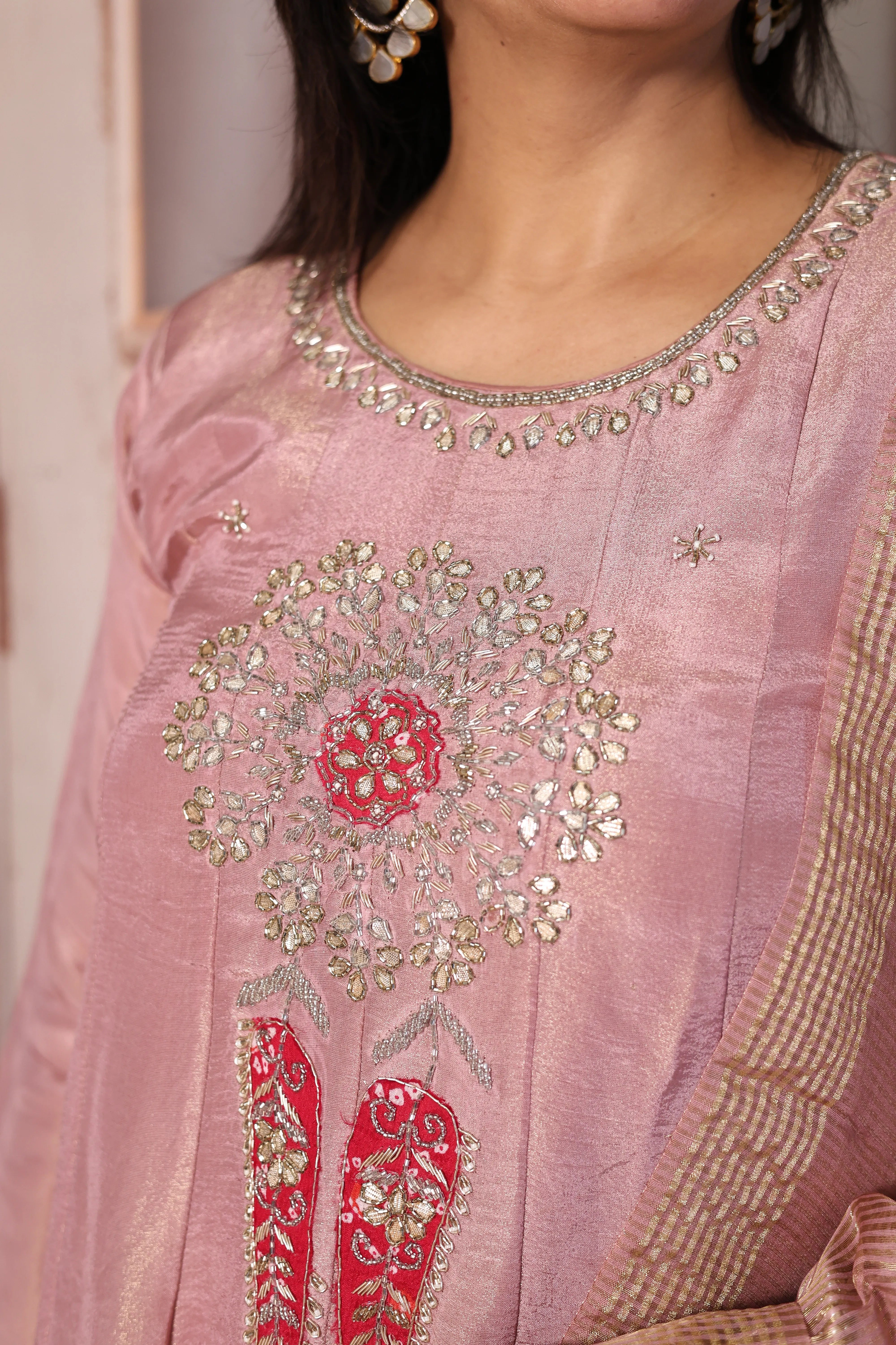 Light Pink A-Line Kurta Dupatta Set | Pearl & Gota Patti Embroidered Premium Tissue Ensemble