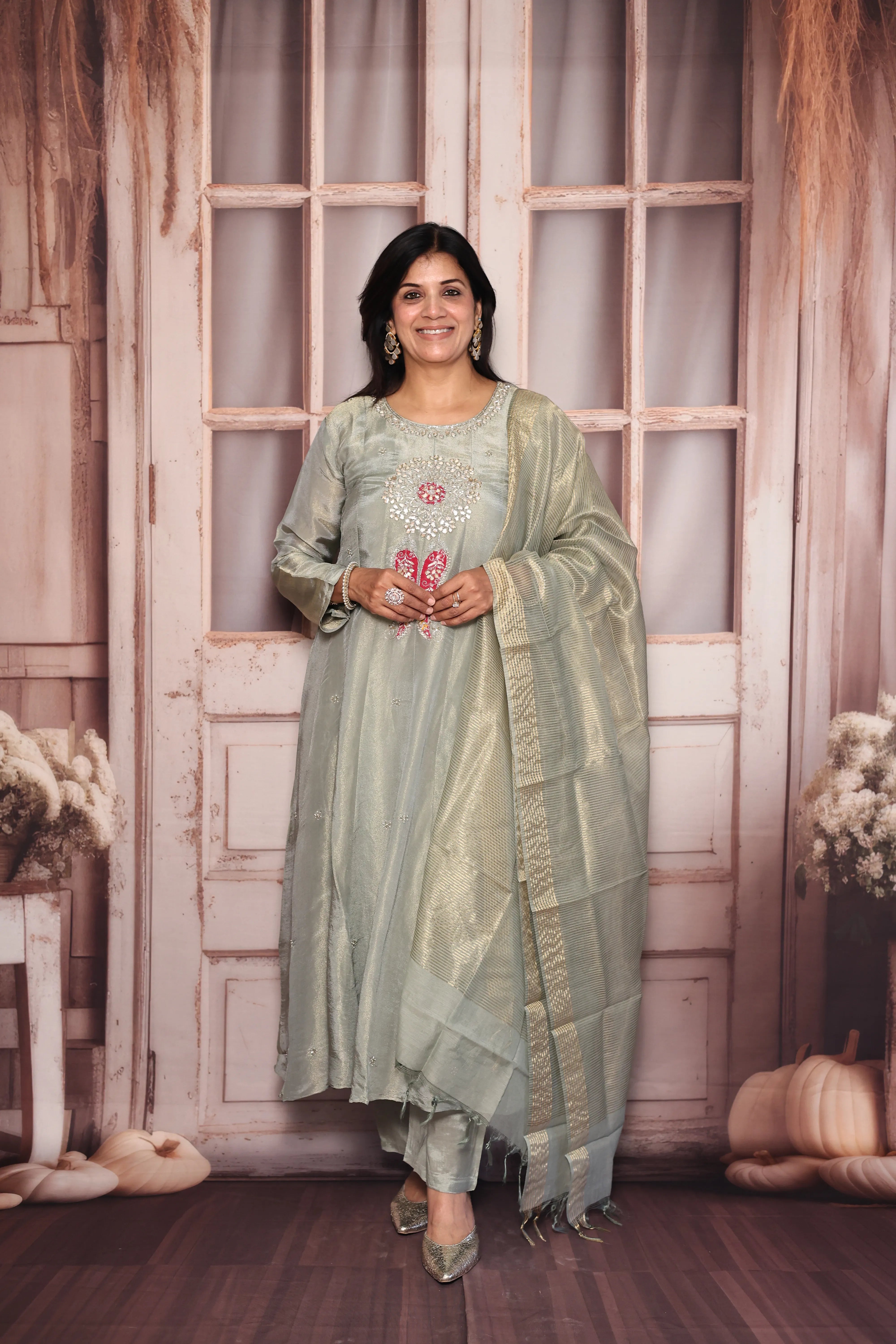 Glacial green A-Line Kurta Dupatta Set | Pearl & Gota Patti Embroidered Premium Tissue Ensemble