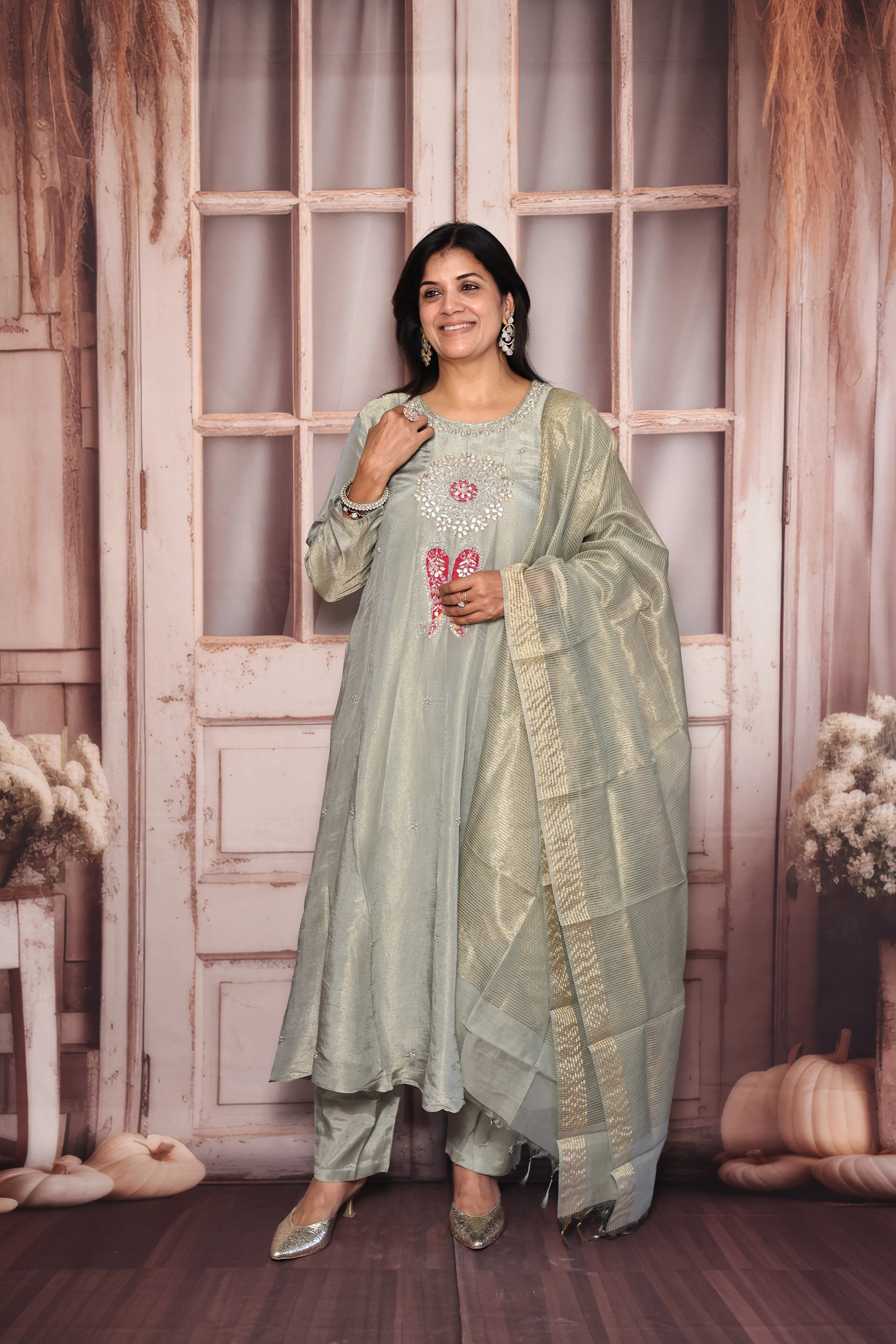 Glacial green A-Line Kurta Dupatta Set | Pearl & Gota Patti Embroidered Premium Tissue Ensemble