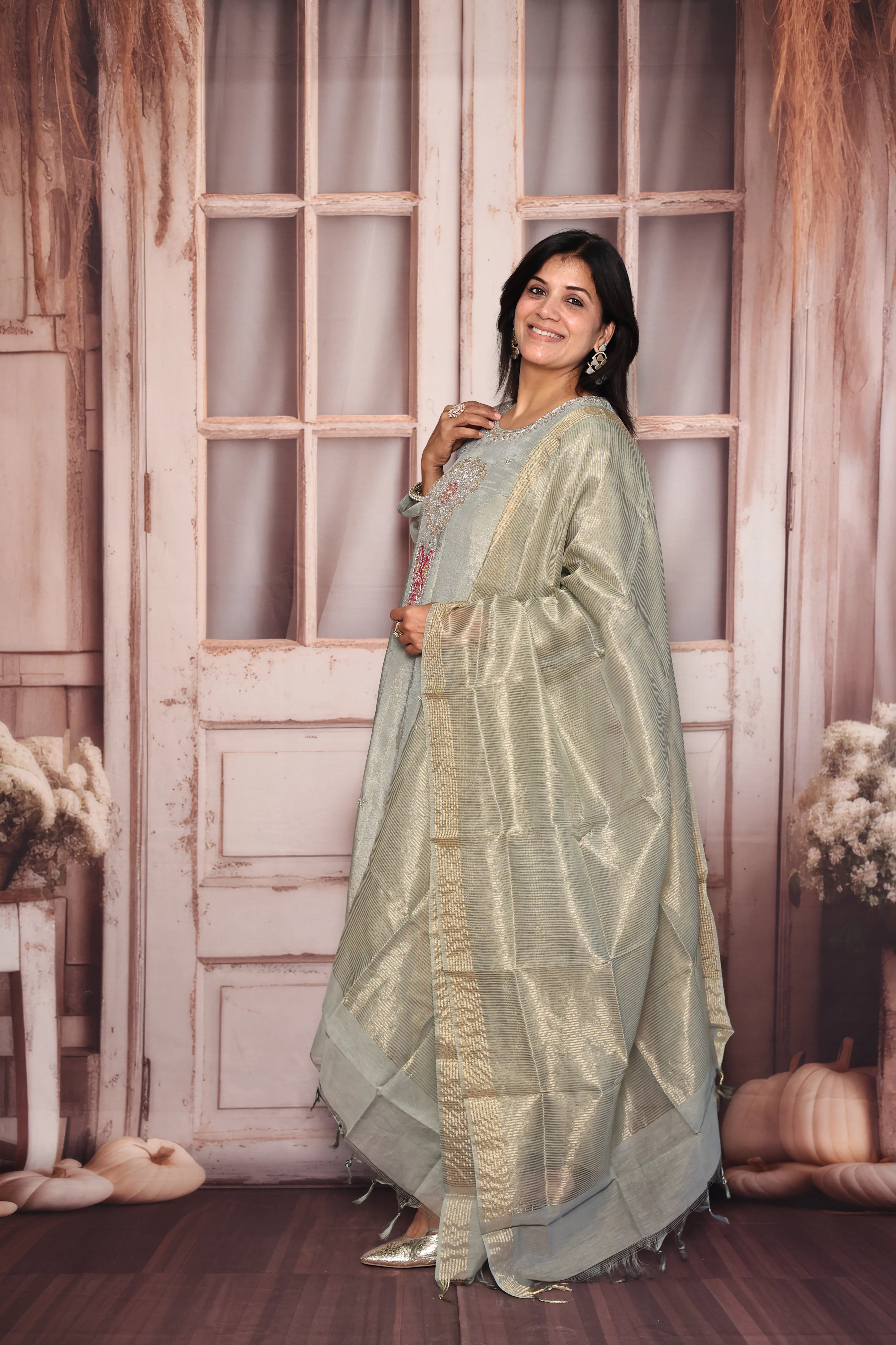 Glacial green A-Line Kurta Dupatta Set | Pearl & Gota Patti Embroidered Premium Tissue Ensemble