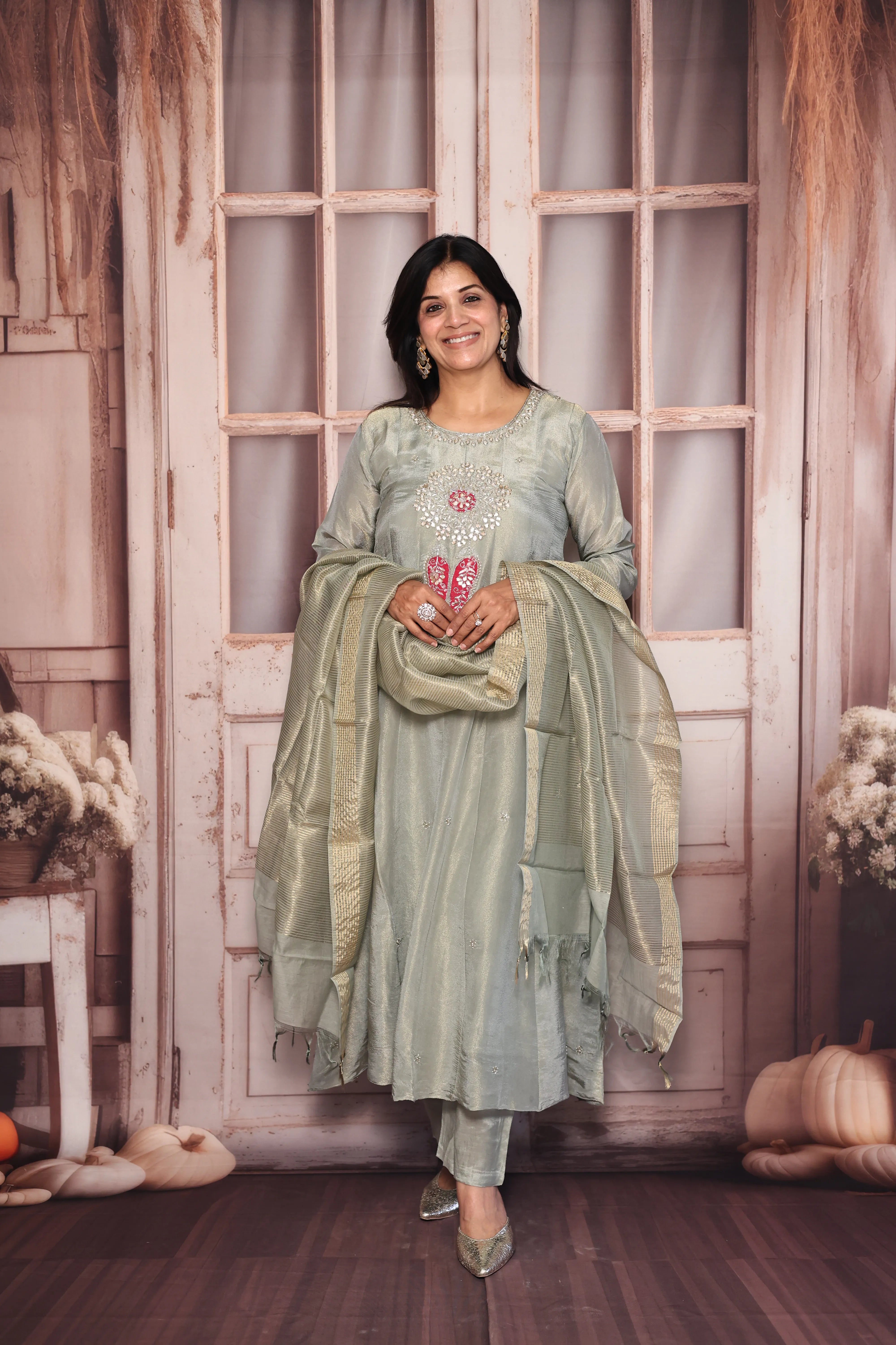 Glacial green A-Line Kurta Dupatta Set | Pearl & Gota Patti Embroidered Premium Tissue Ensemble