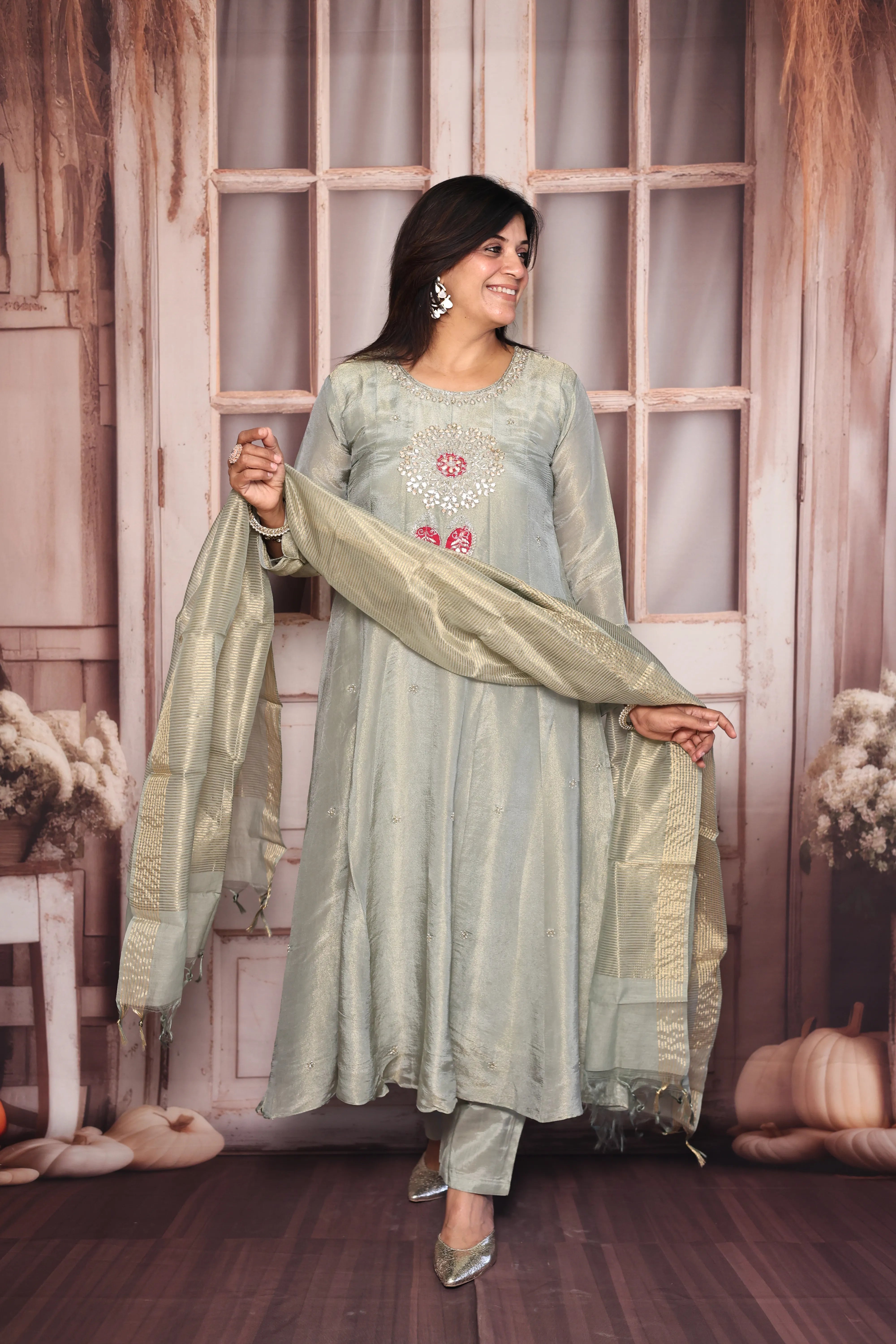 Glacial green A-Line Kurta Dupatta Set | Pearl & Gota Patti Embroidered Premium Tissue Ensemble