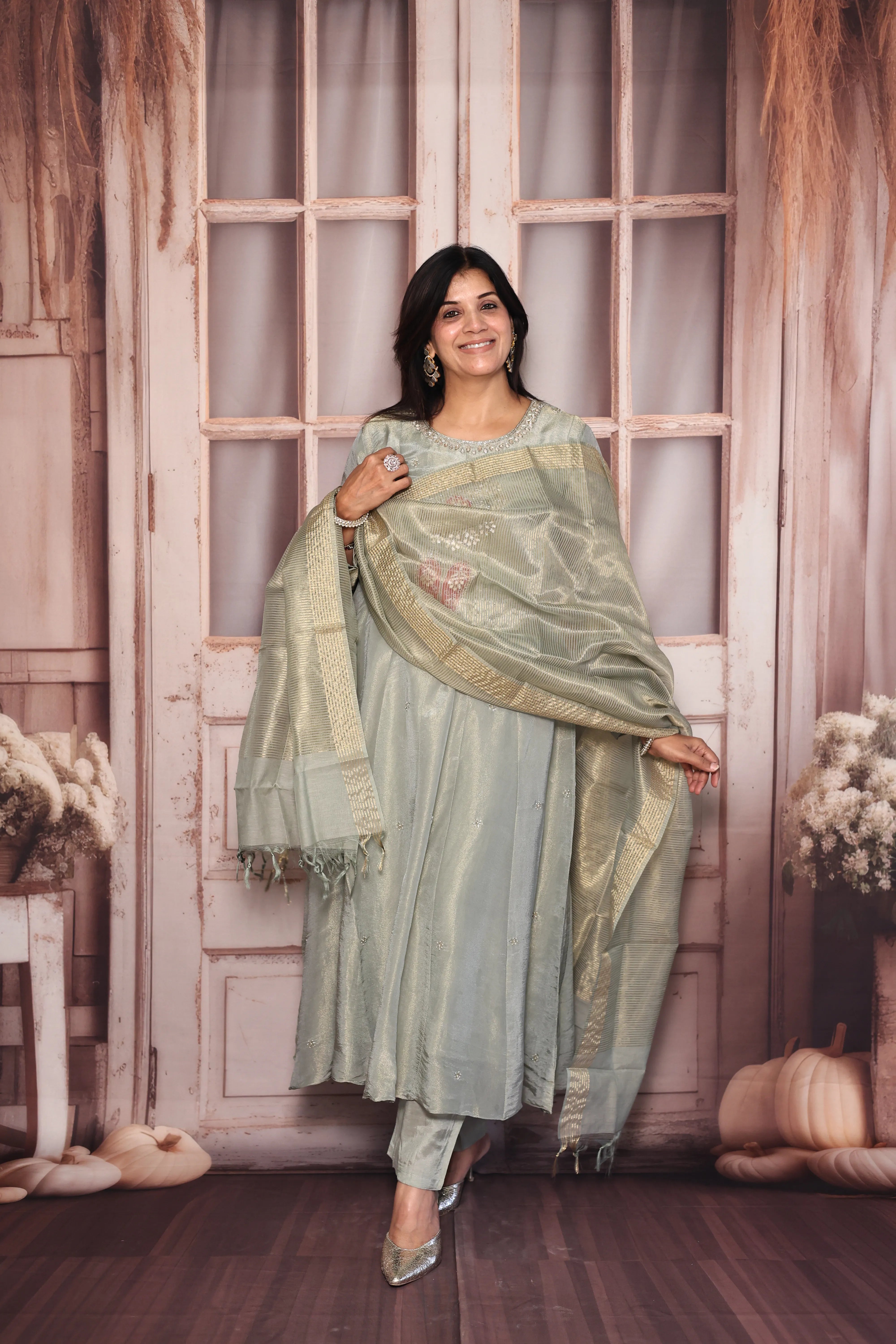 Glacial green A-Line Kurta Dupatta Set | Pearl & Gota Patti Embroidered Premium Tissue Ensemble