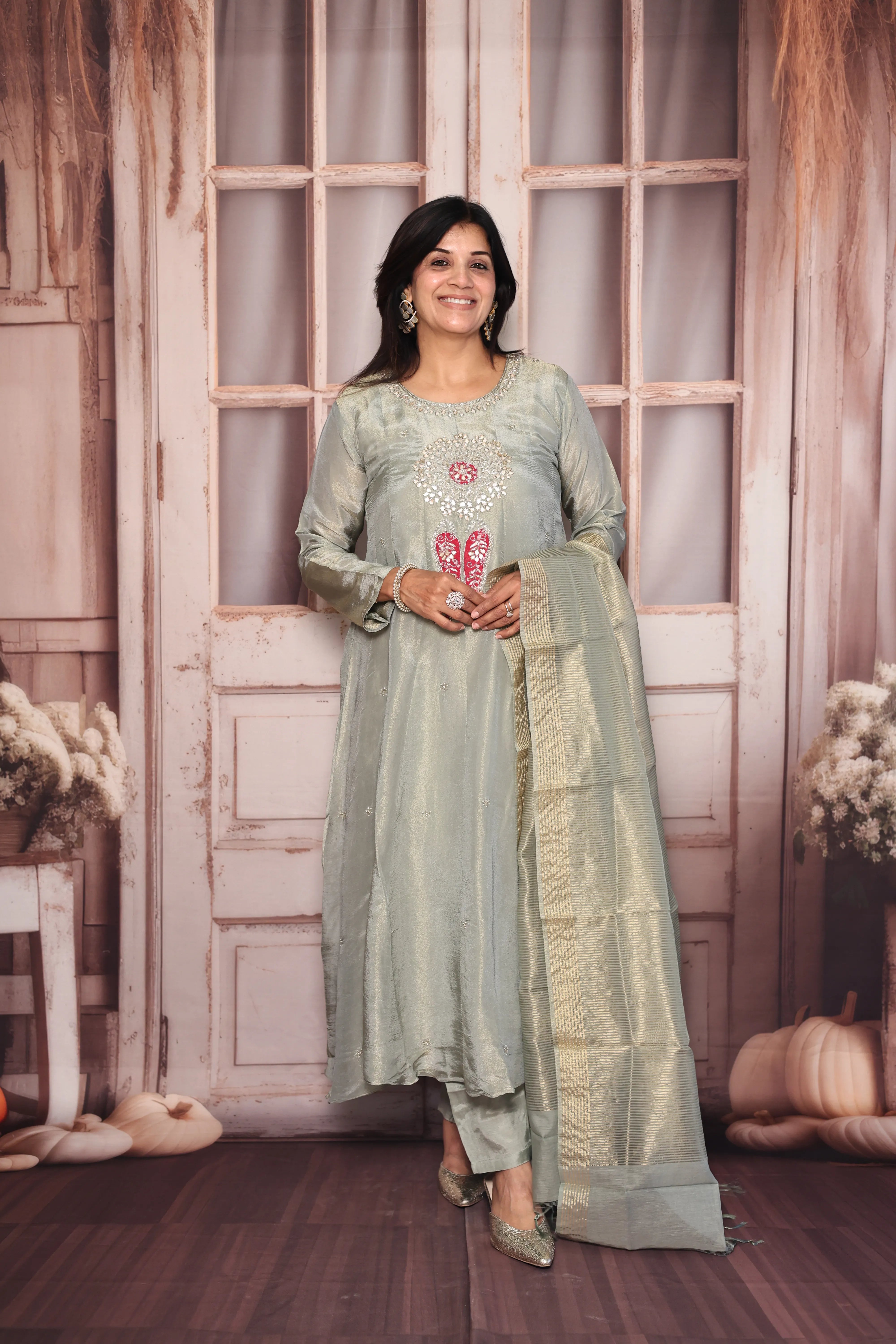 Glacial green A-Line Kurta Dupatta Set | Pearl & Gota Patti Embroidered Premium Tissue Ensemble
