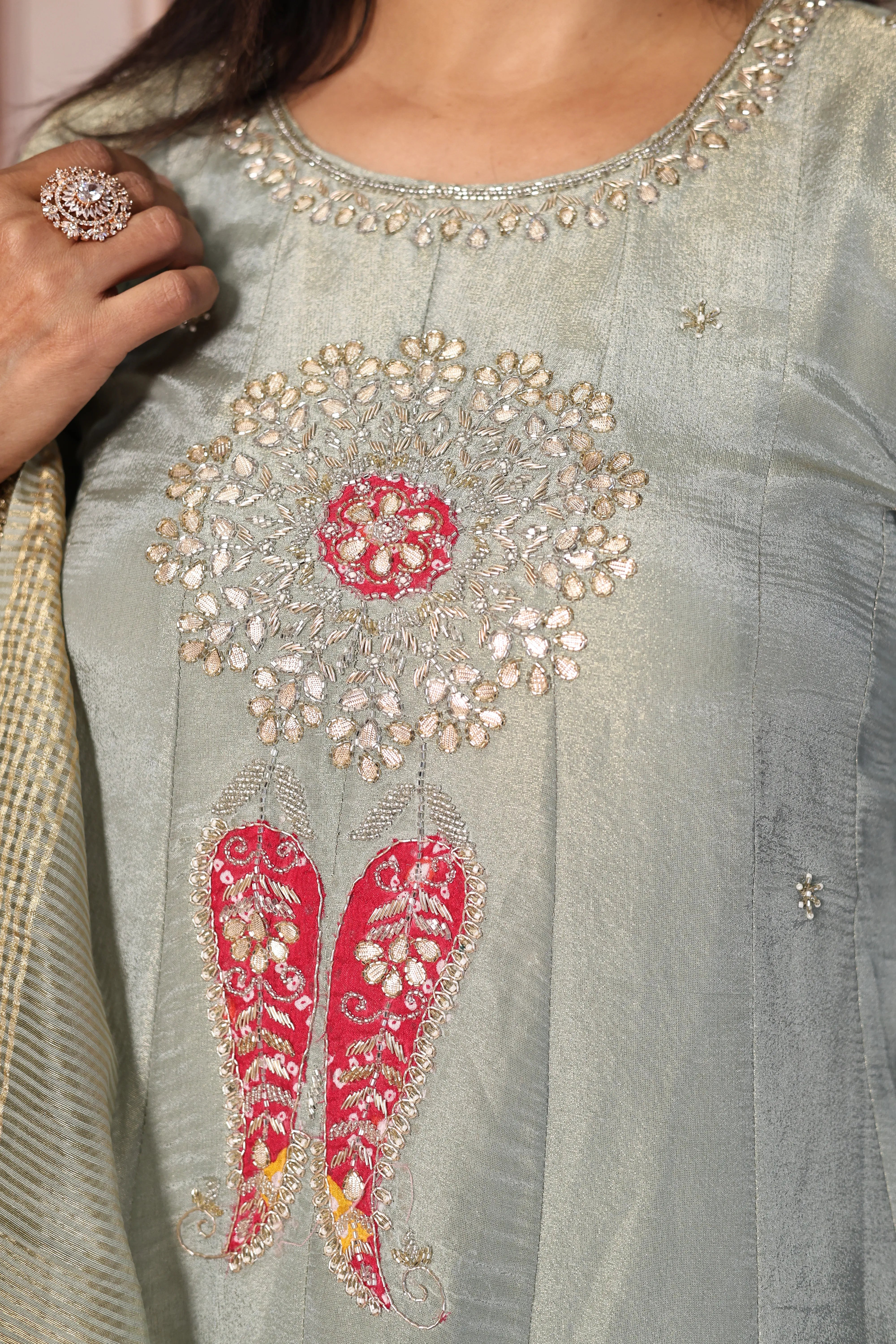 Glacial green A-Line Kurta Dupatta Set | Pearl & Gota Patti Embroidered Premium Tissue Ensemble