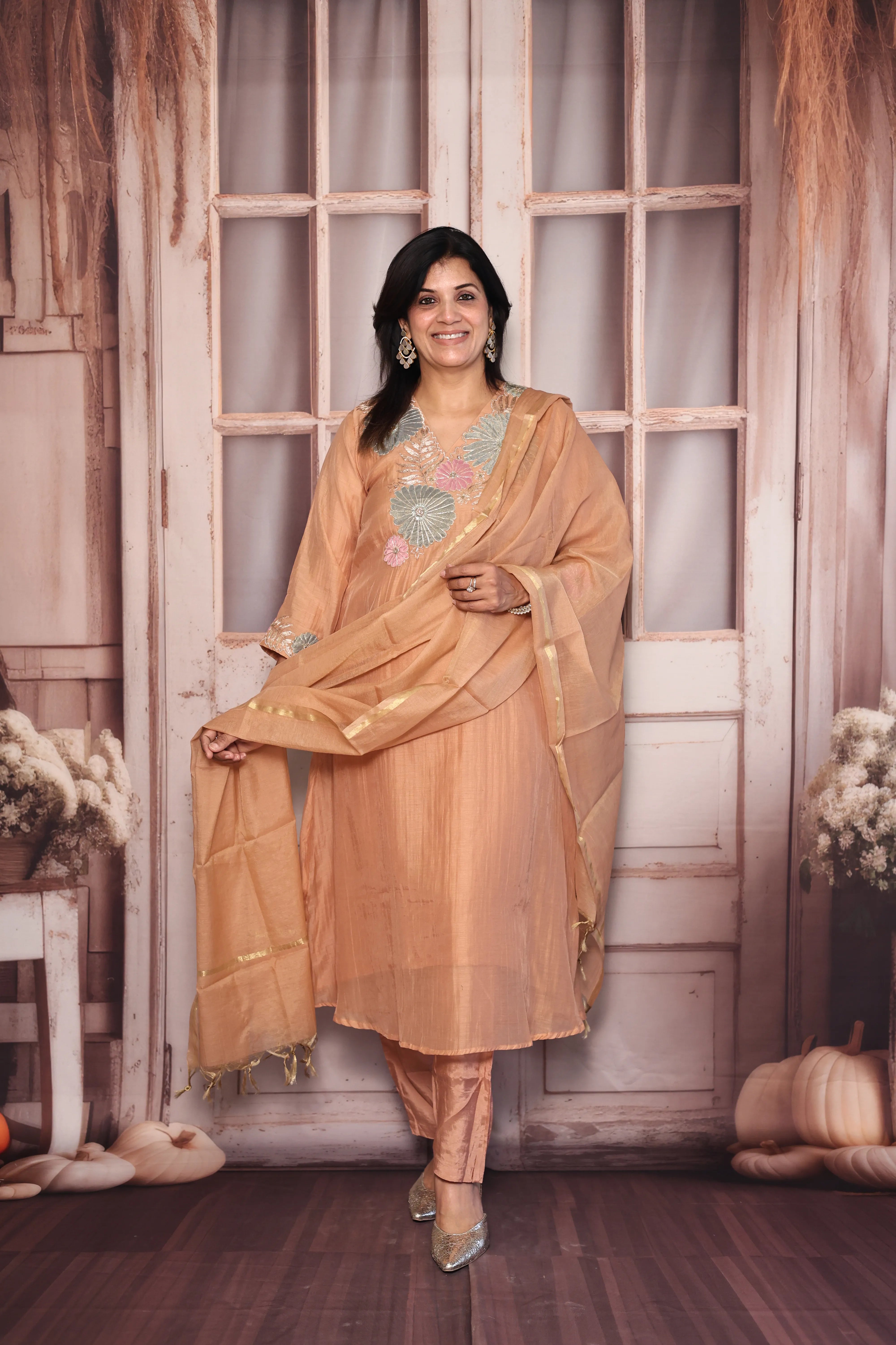 Apricot A-Line Kurta Pant with Dupatta Set | Appliqué Patch Embroidered Premium Mul Chanderi Ensemble