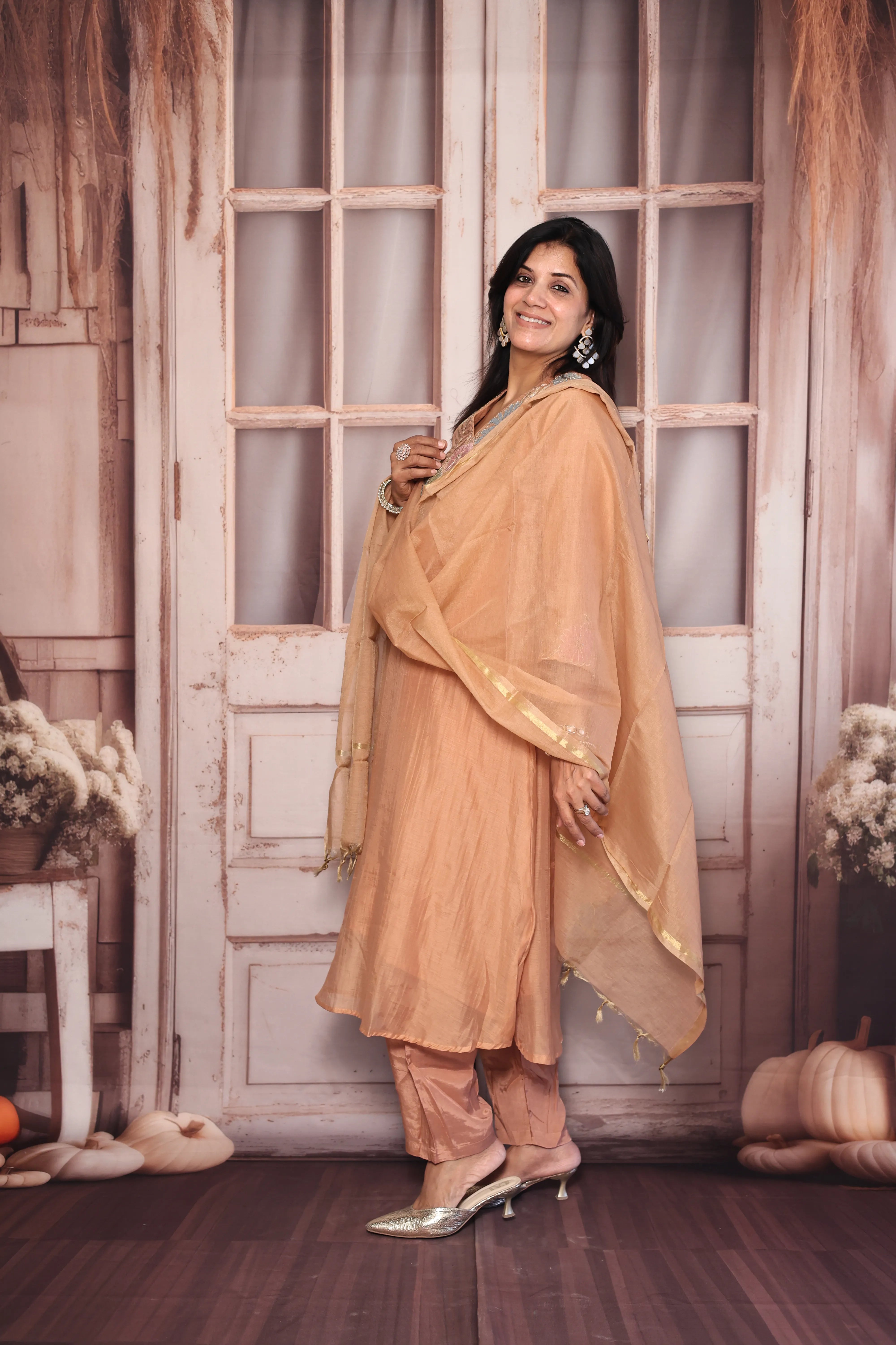 Apricot A-Line Kurta Pant with Dupatta Set | Appliqué Patch Embroidered Premium Mul Chanderi Ensemble