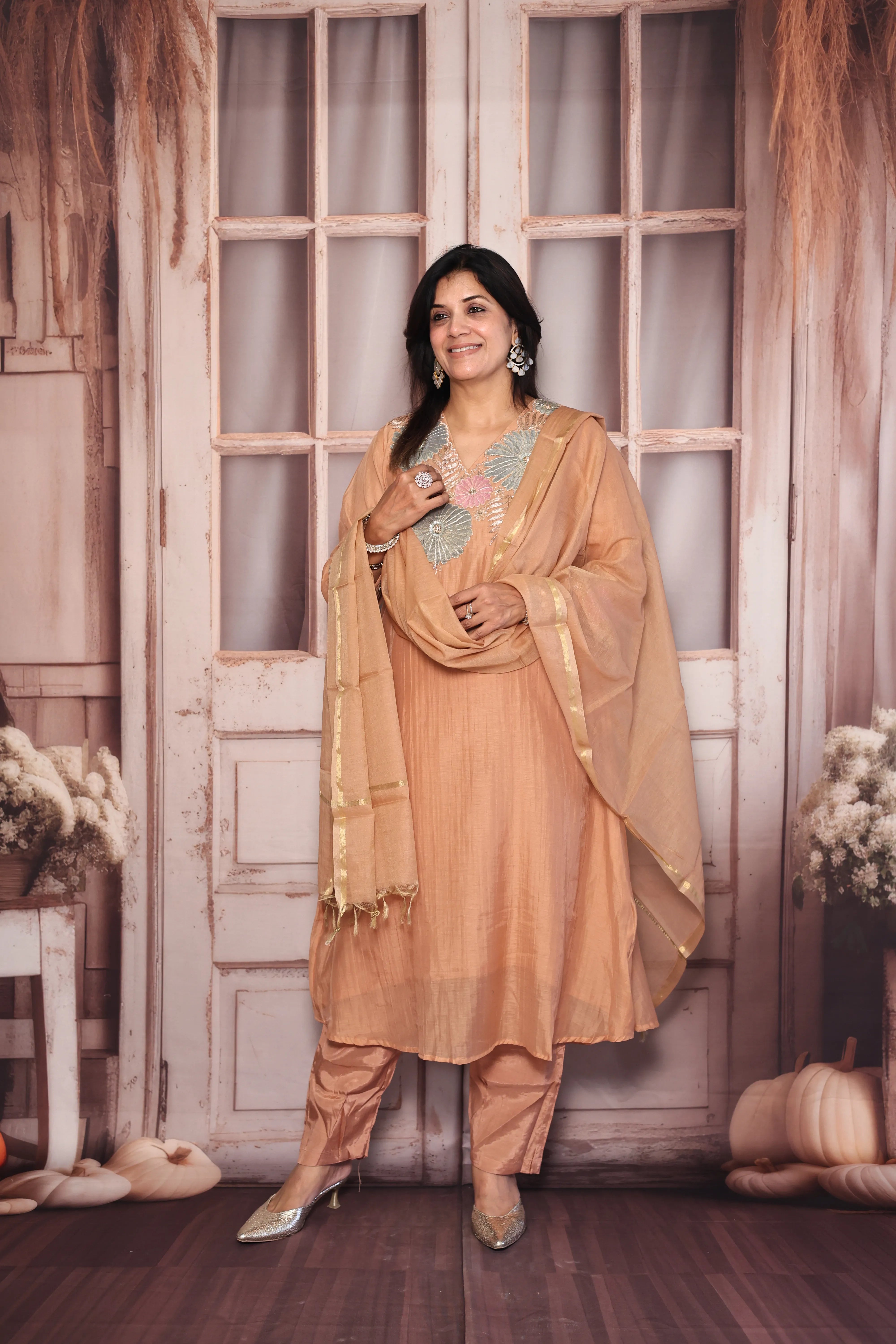 Apricot A-Line Kurta Pant with Dupatta Set | Appliqué Patch Embroidered Premium Mul Chanderi Ensemble