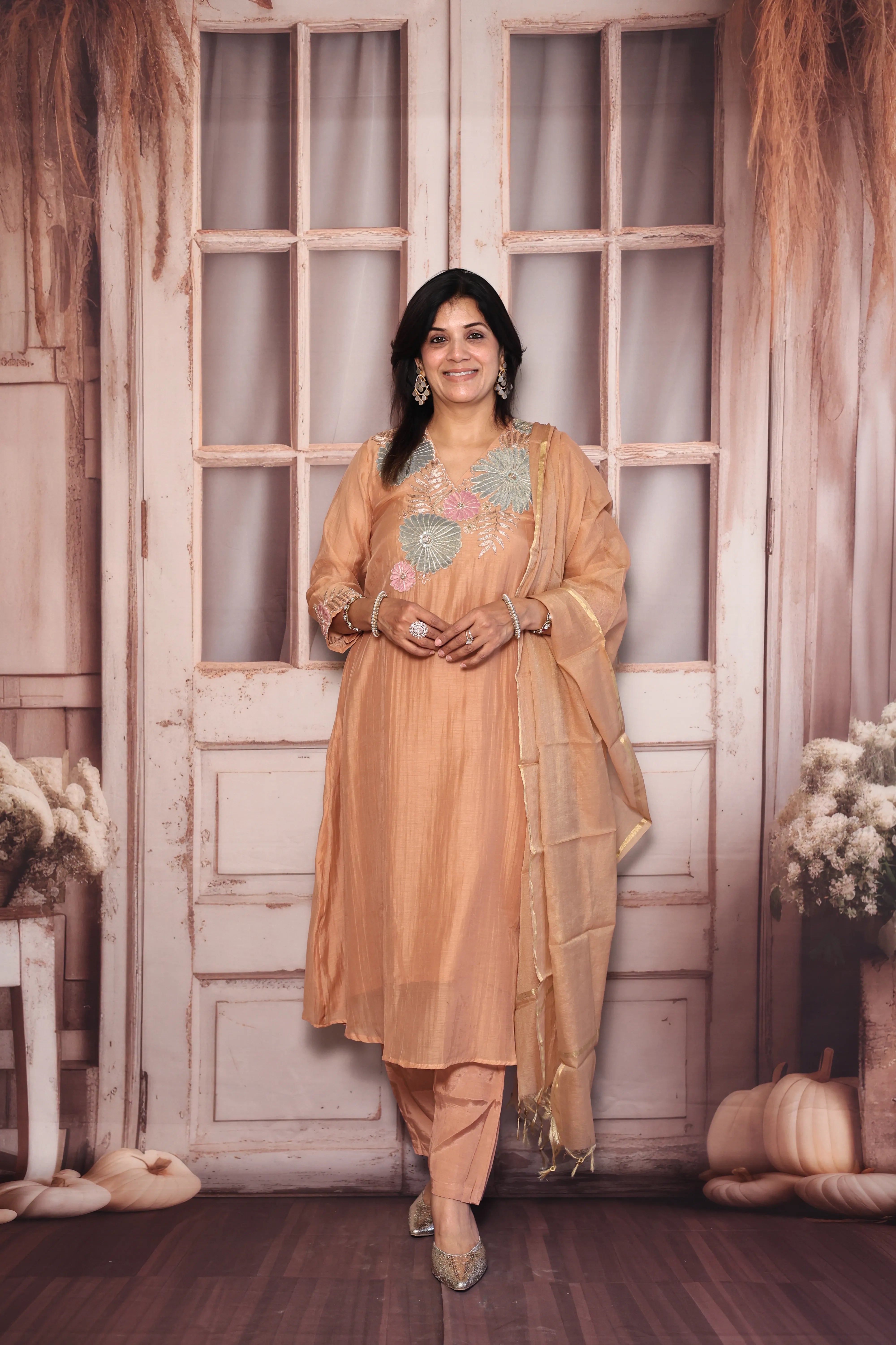 Apricot A-Line Kurta Pant with Dupatta Set | Appliqué Patch Embroidered Premium Mul Chanderi Ensemble