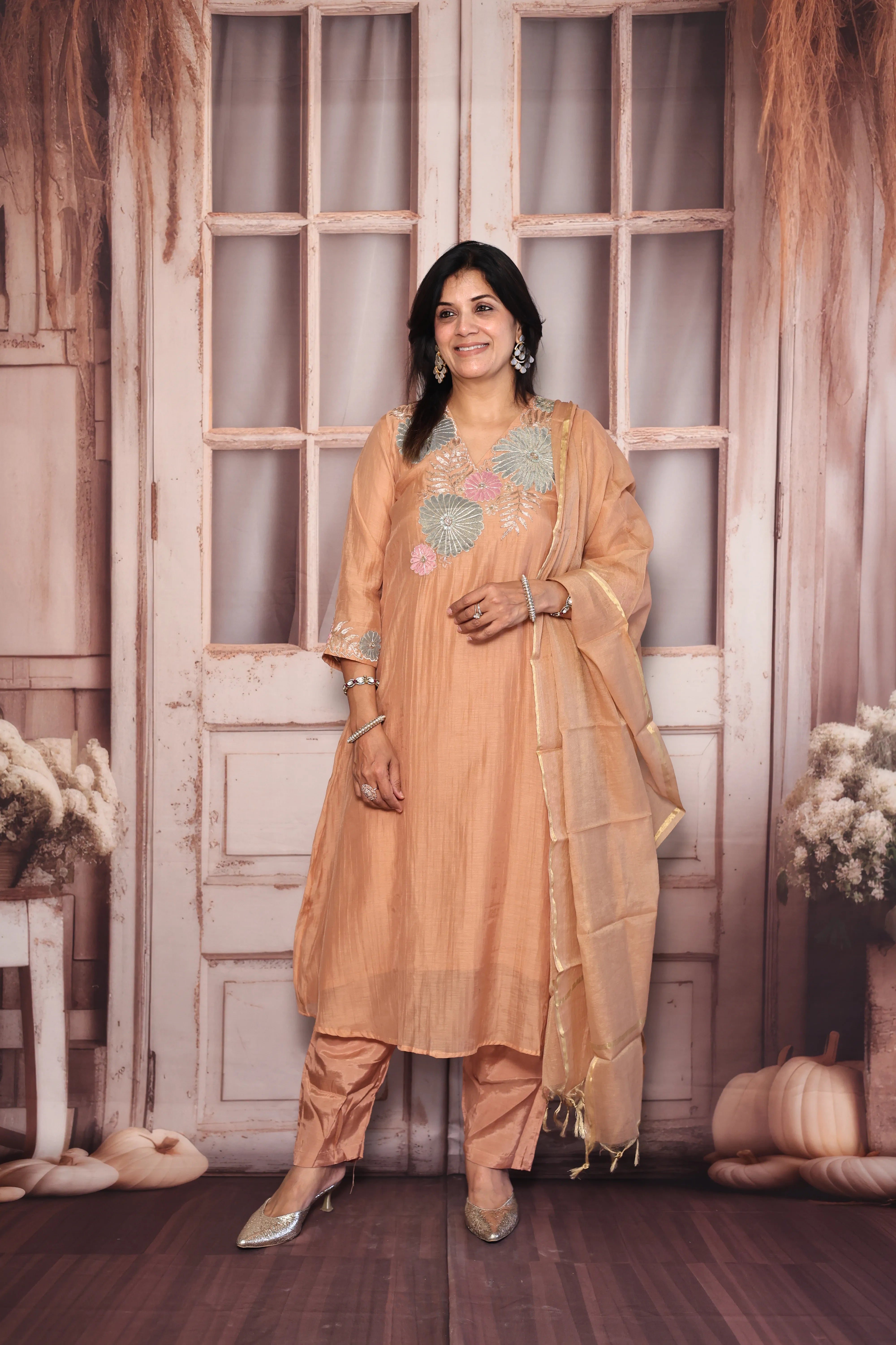 Apricot A-Line Kurta Pant with Dupatta Set | Appliqué Patch Embroidered Premium Mul Chanderi Ensemble