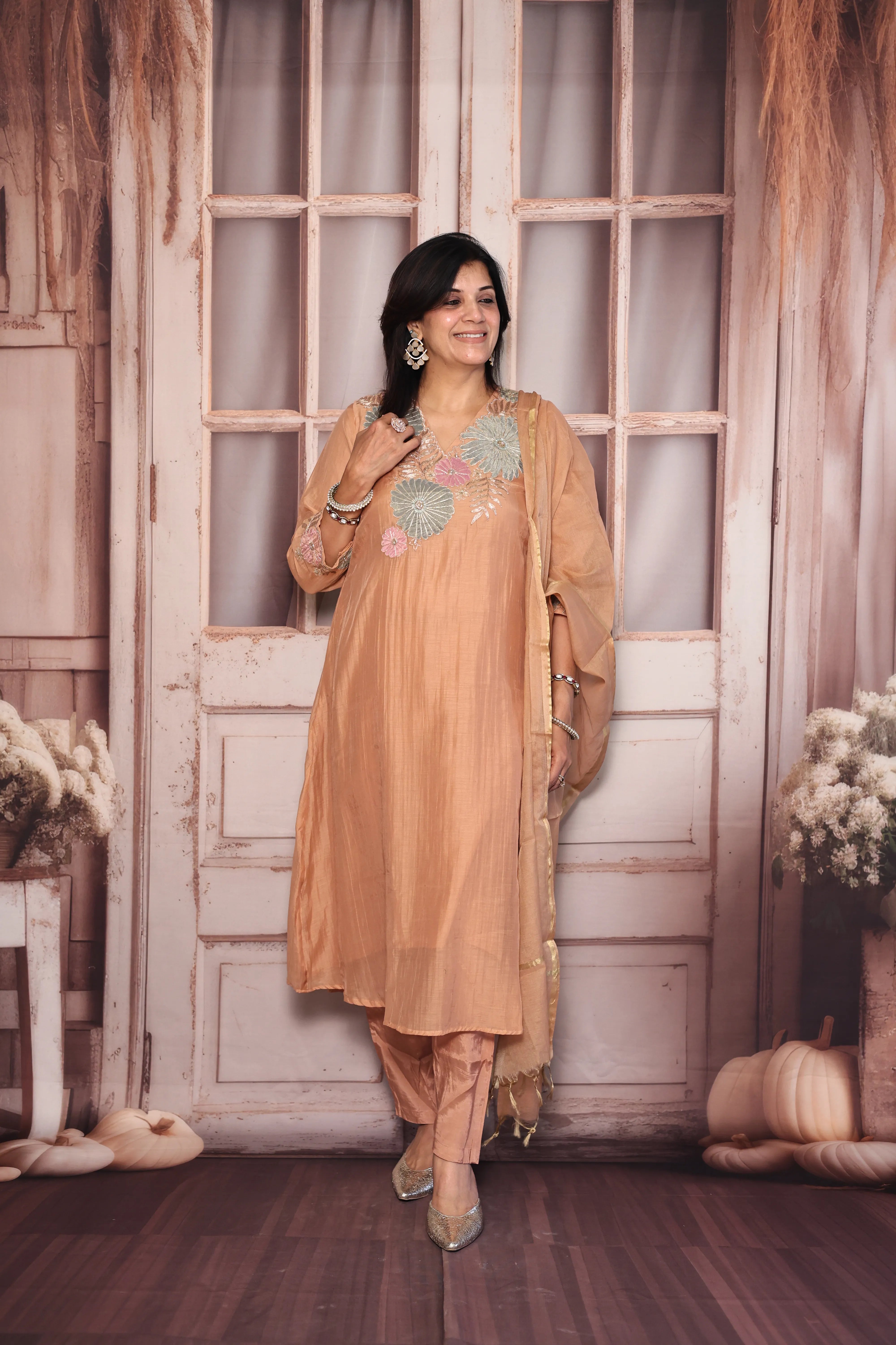 Apricot A-Line Kurta Pant with Dupatta Set | Appliqué Patch Embroidered Premium Mul Chanderi Ensemble