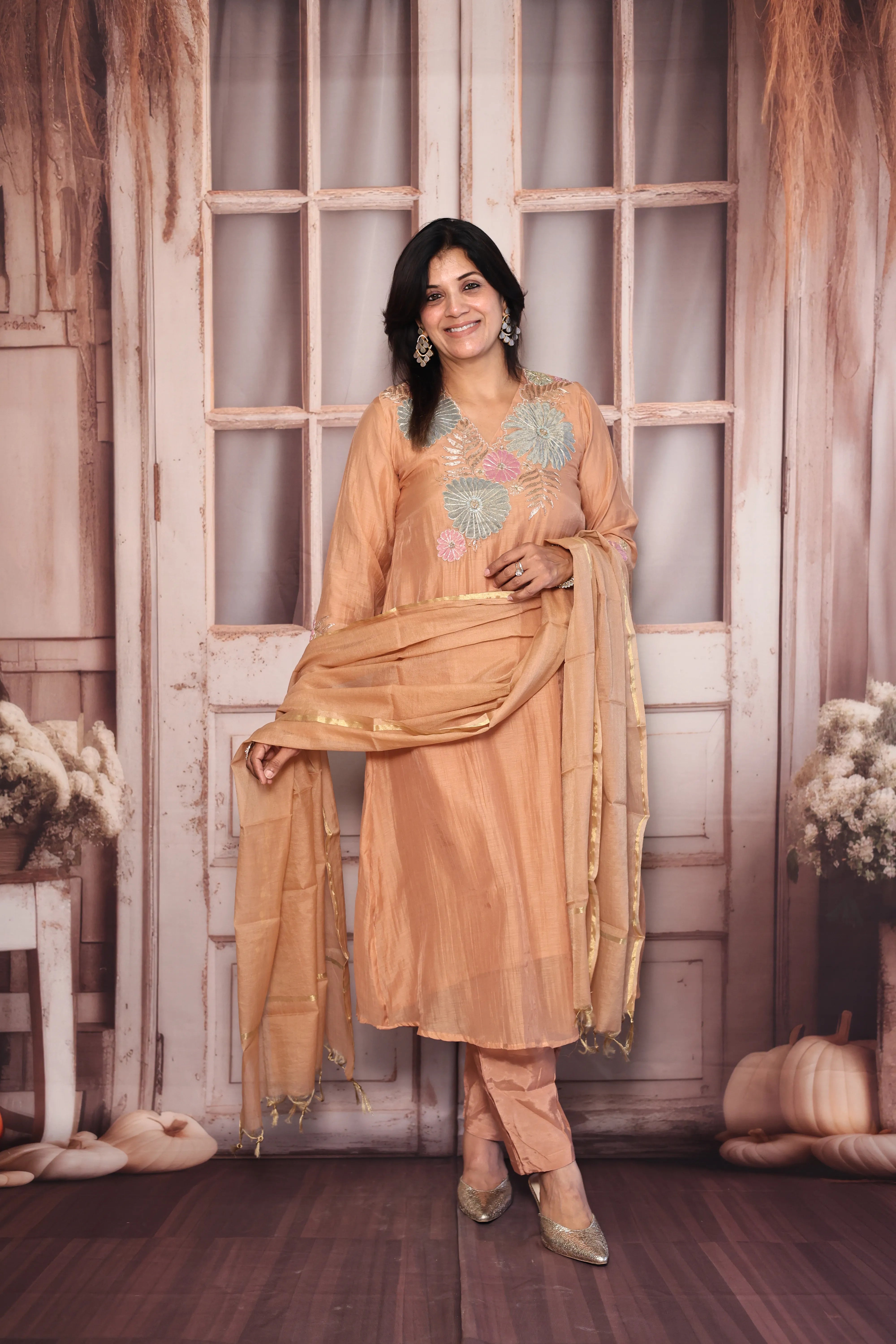 Apricot A-Line Kurta Pant with Dupatta Set | Appliqué Patch Embroidered Premium Mul Chanderi Ensemble
