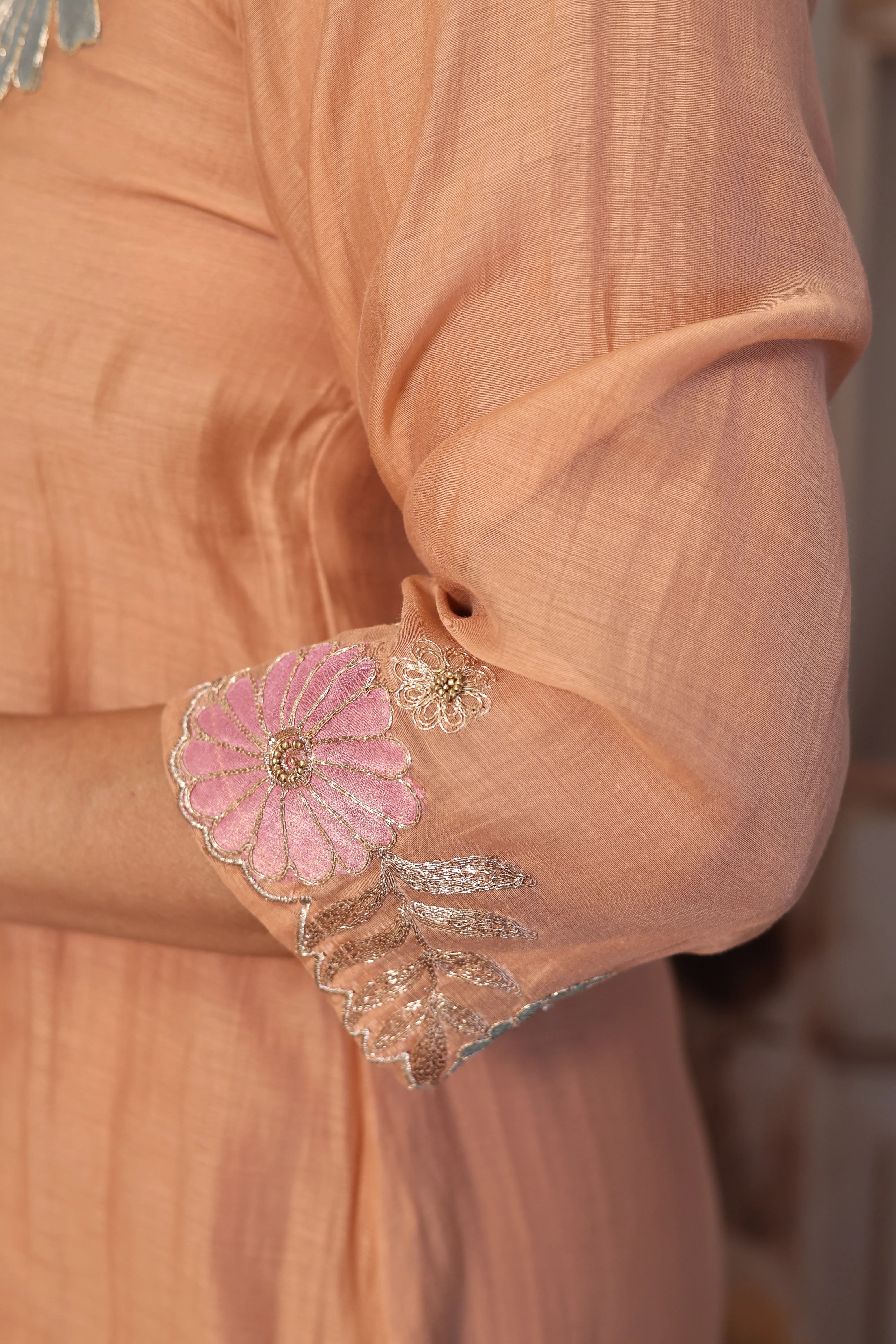 Apricot A-Line Kurta Pant with Dupatta Set | Appliqué Patch Embroidered Premium Mul Chanderi Ensemble