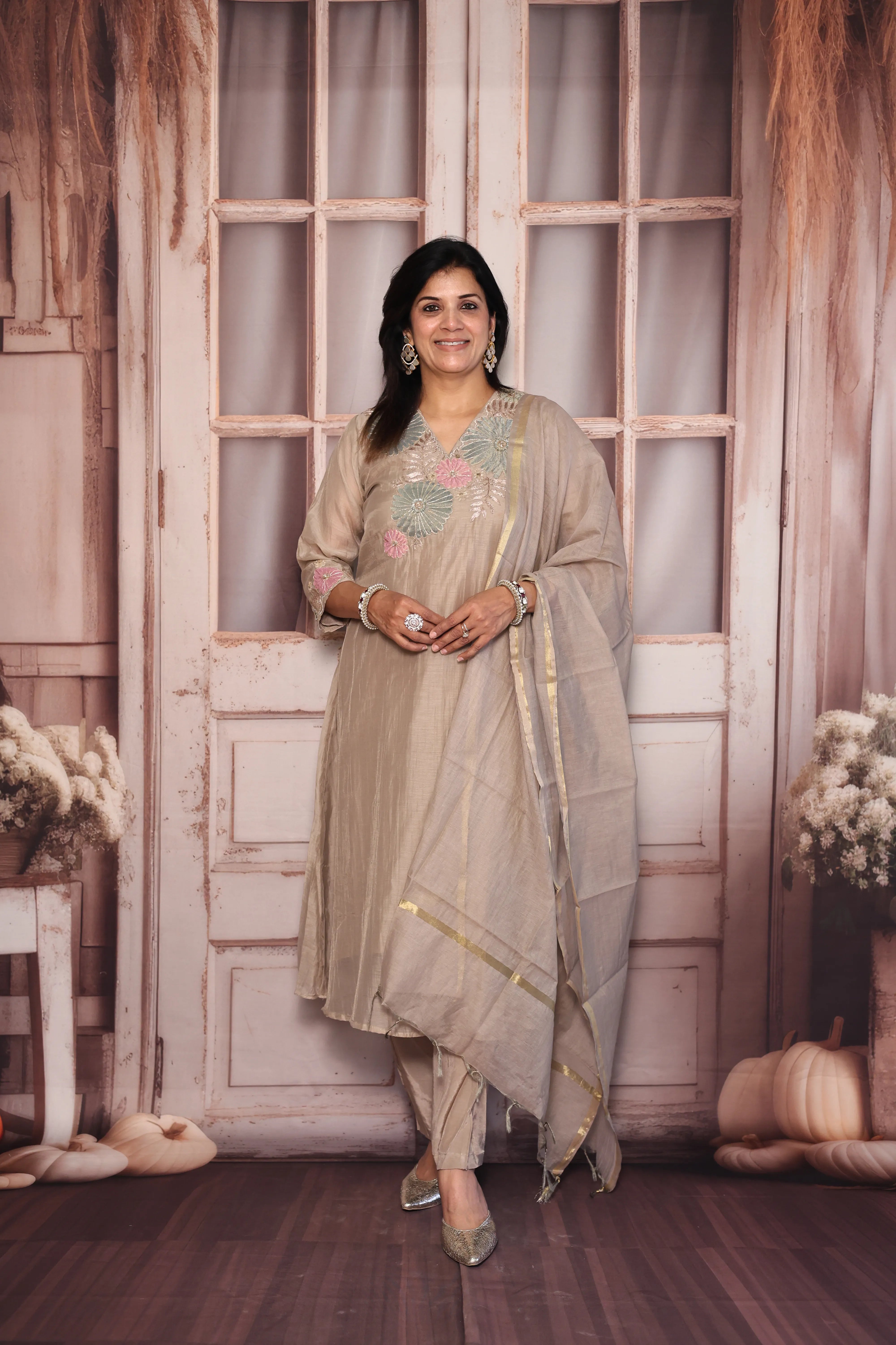 Dusty Brown A-Line Kurta Pant with Dupatta Set | Appliqué Patch Embroidered Premium Mul Chanderi Ensemble (Copy)