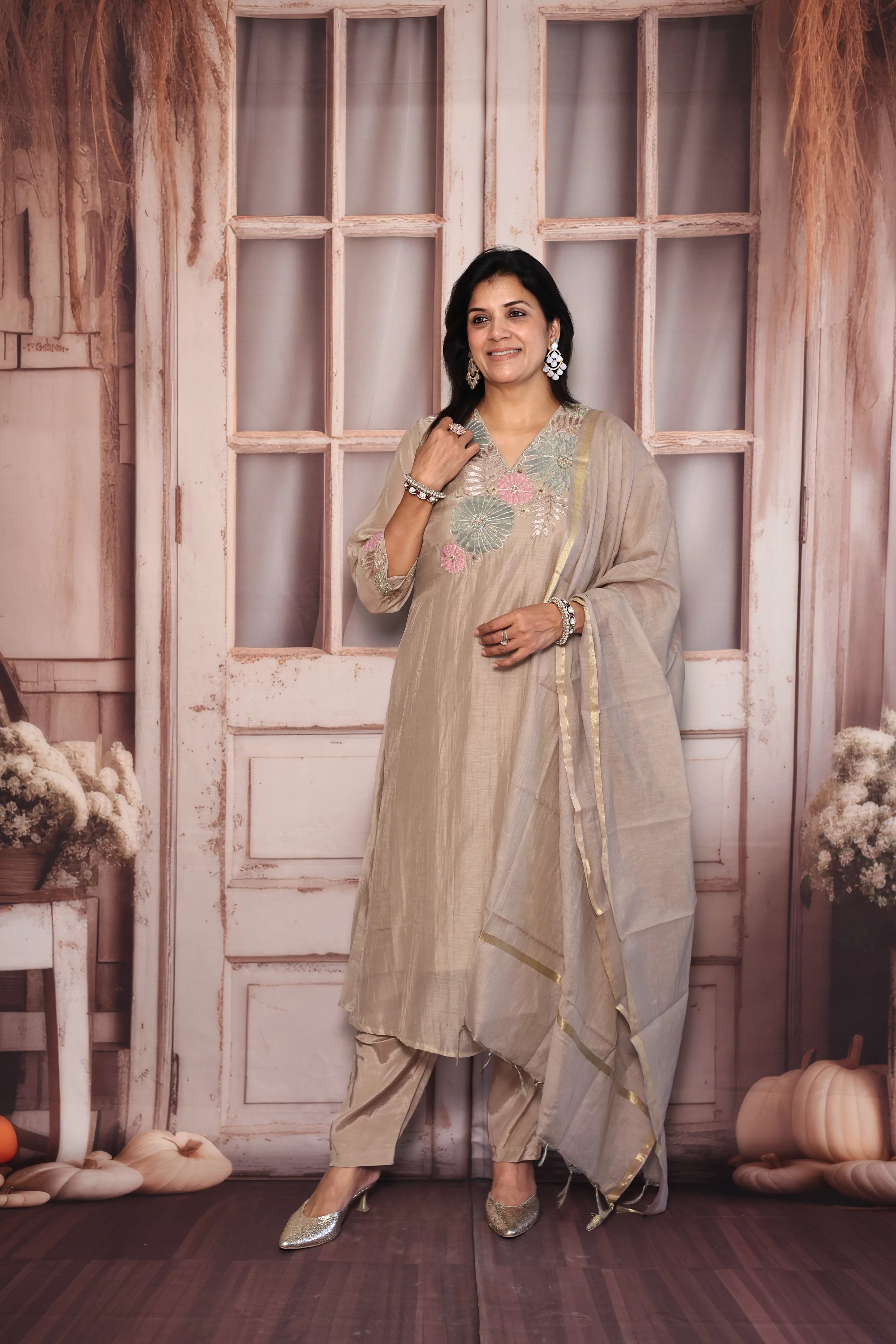 Dusty Brown A-Line Kurta Pant with Dupatta Set | Appliqué Patch Embroidered Premium Mul Chanderi Ensemble (Copy)