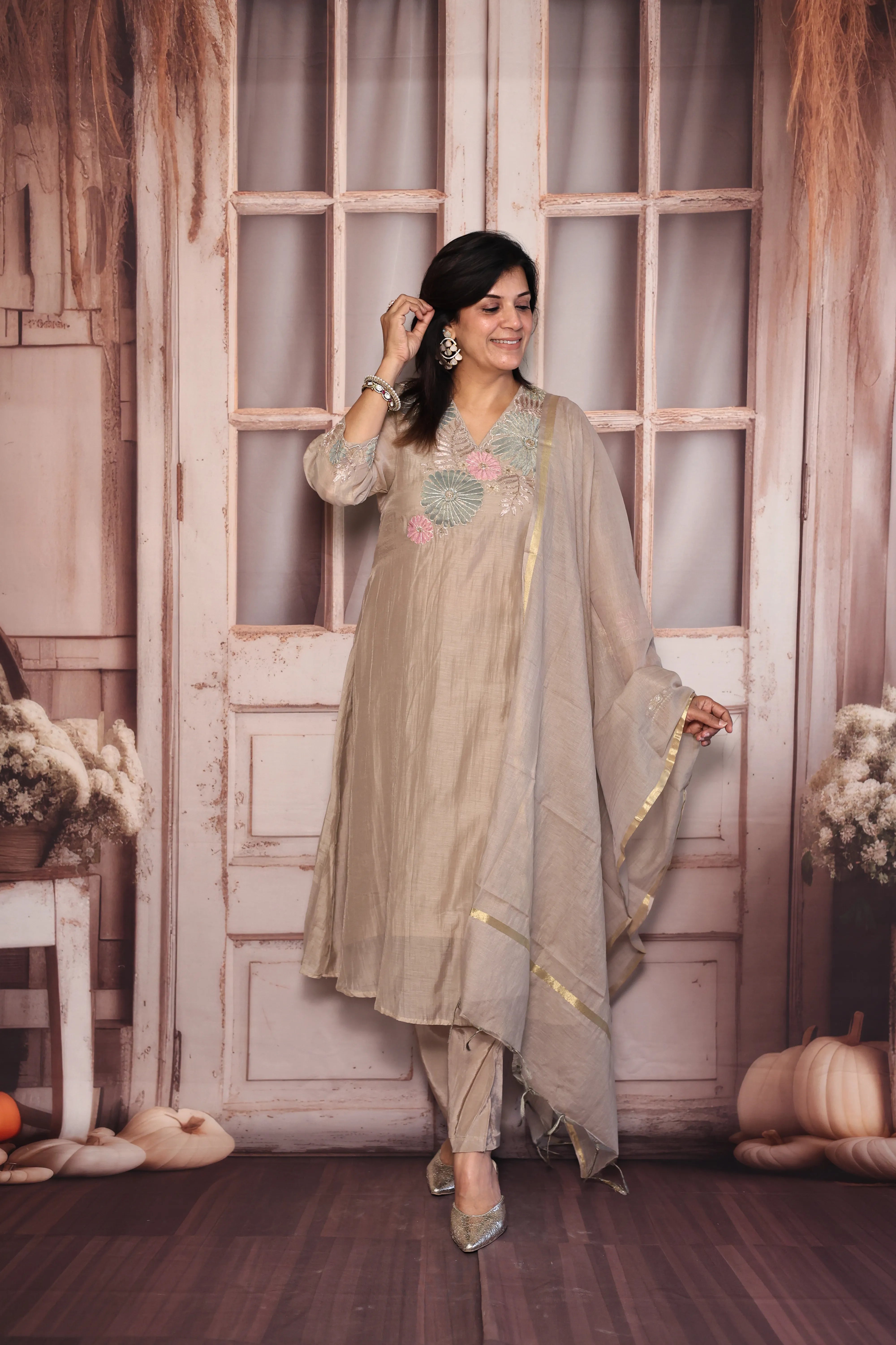 Dusty Brown A-Line Kurta Pant with Dupatta Set | Appliqué Patch Embroidered Premium Mul Chanderi Ensemble (Copy)
