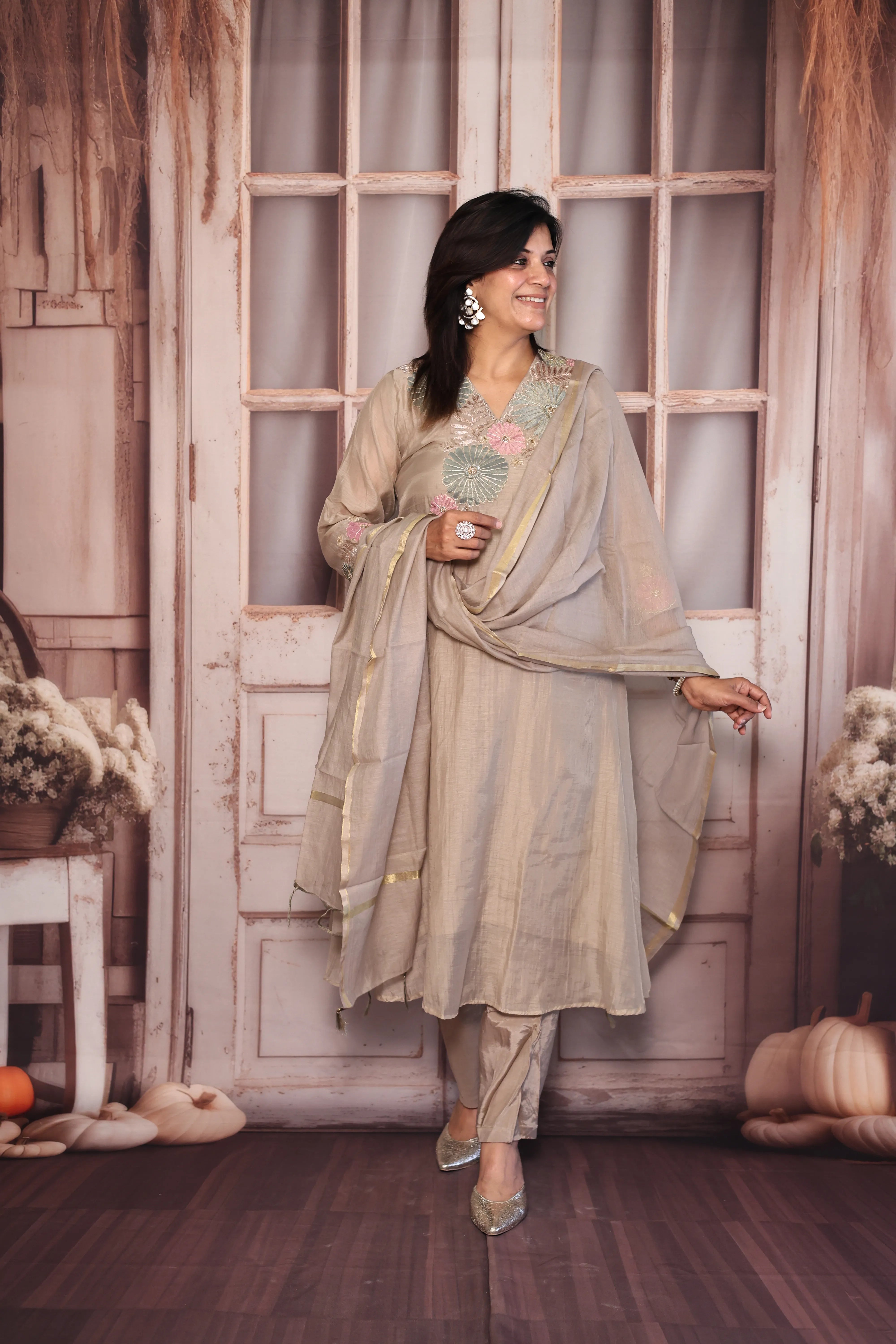 Dusty Brown A-Line Kurta Pant with Dupatta Set | Appliqué Patch Embroidered Premium Mul Chanderi Ensemble (Copy)