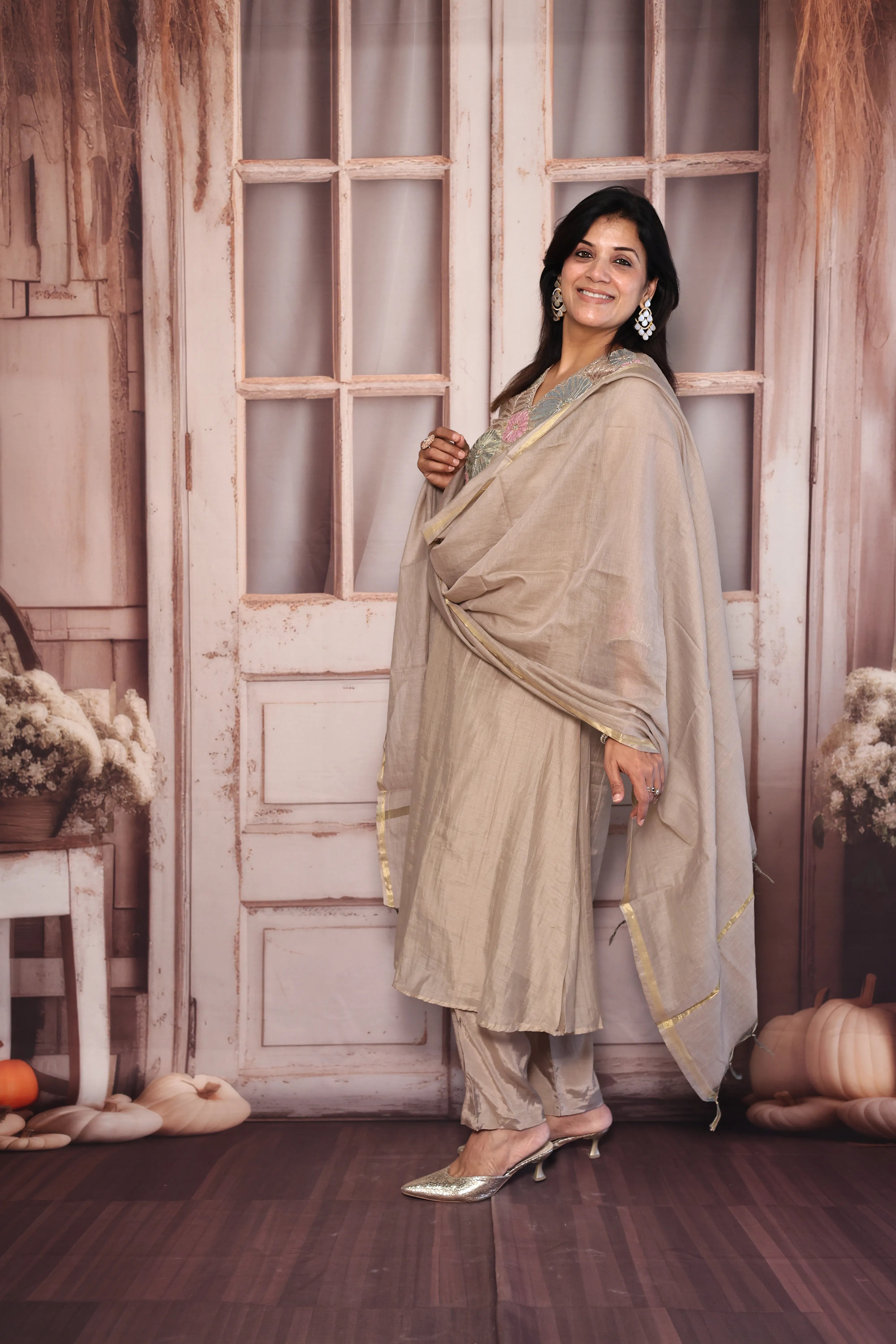 Dusty Brown A-Line Kurta Pant with Dupatta Set | Appliqué Patch Embroidered Premium Mul Chanderi Ensemble (Copy)