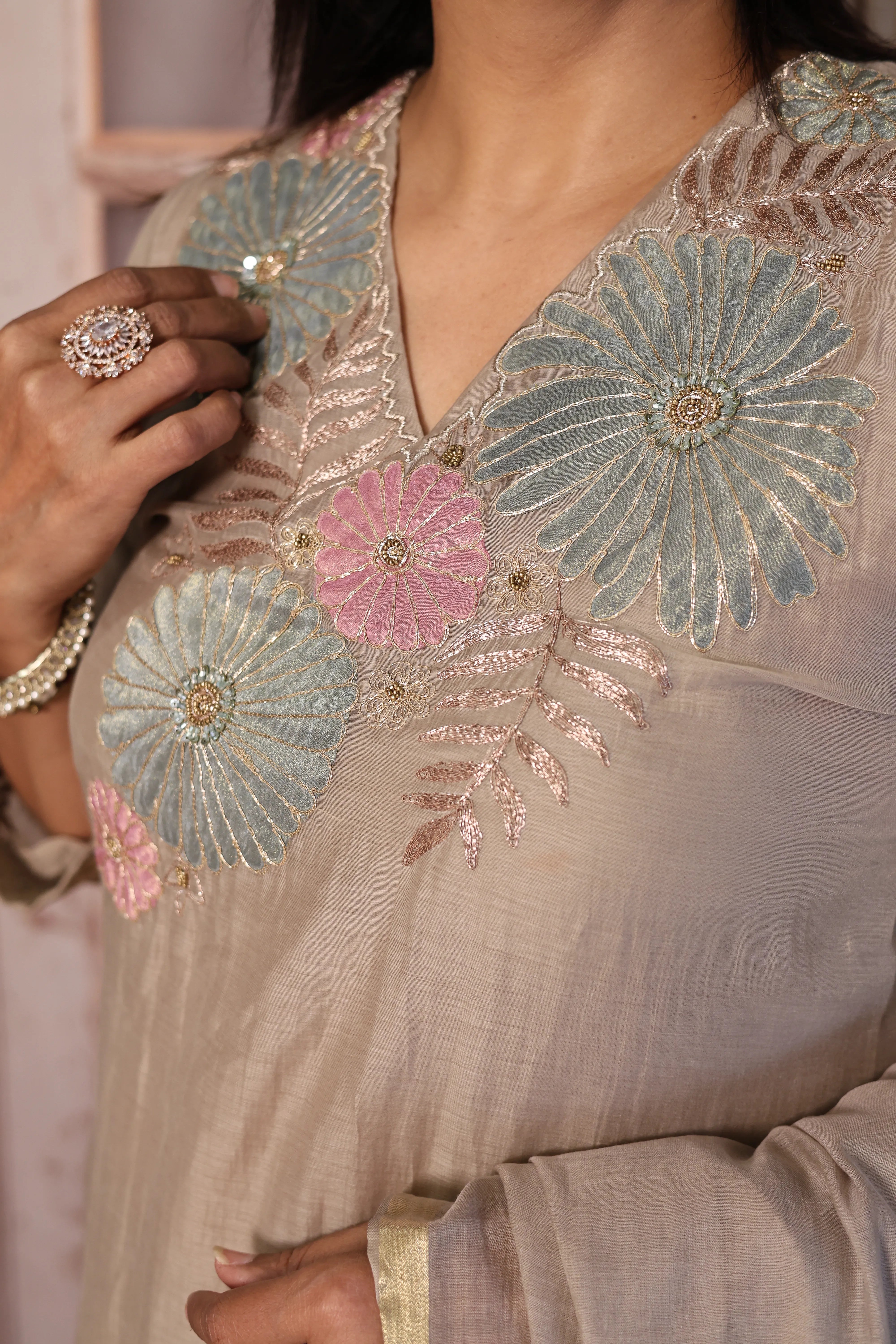 Dusty Brown A-Line Kurta Pant with Dupatta Set | Appliqué Patch Embroidered Premium Mul Chanderi Ensemble (Copy)