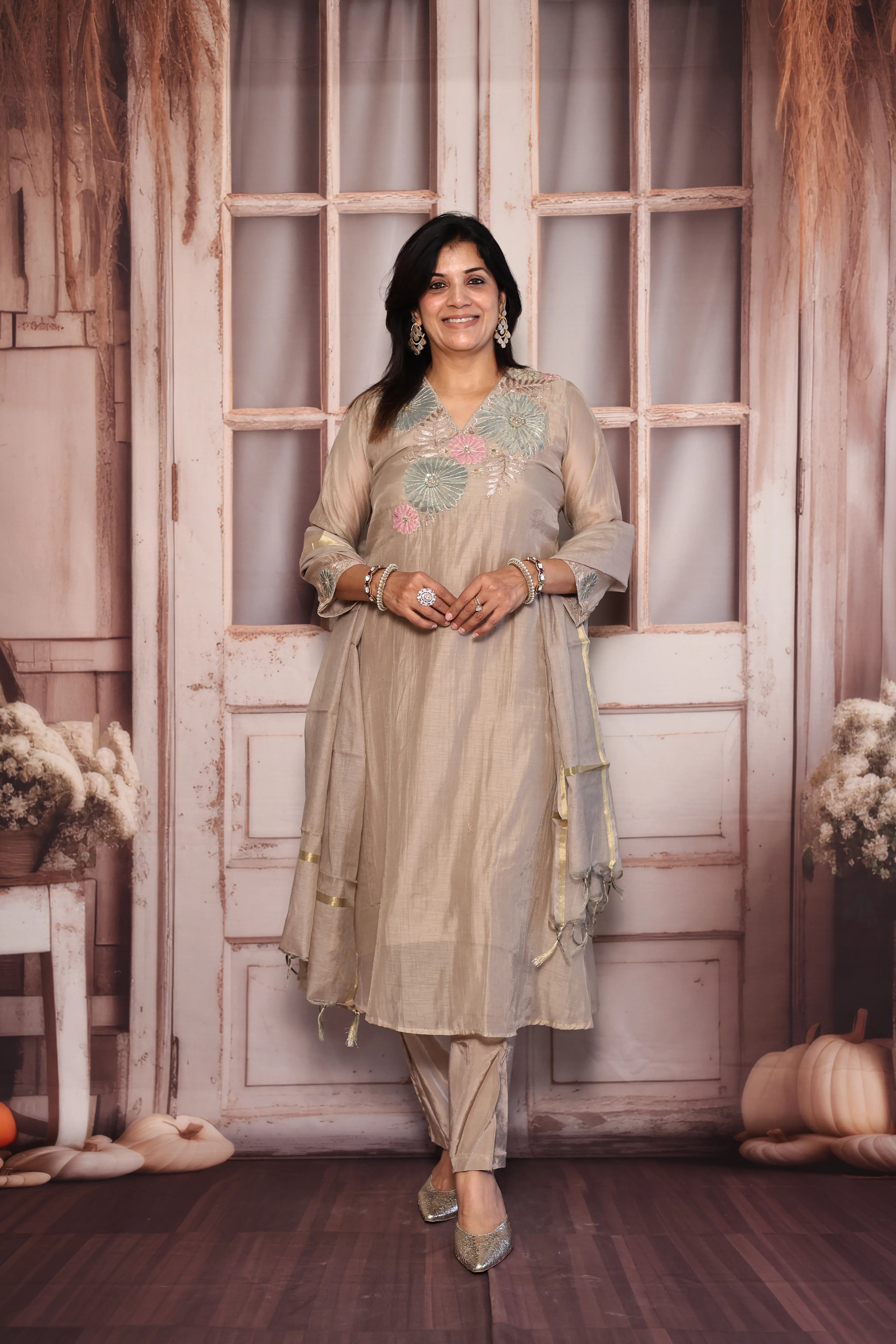 Dusty Brown A-Line Kurta Pant with Dupatta Set | Appliqué Patch Embroidered Premium Mul Chanderi Ensemble (Copy)