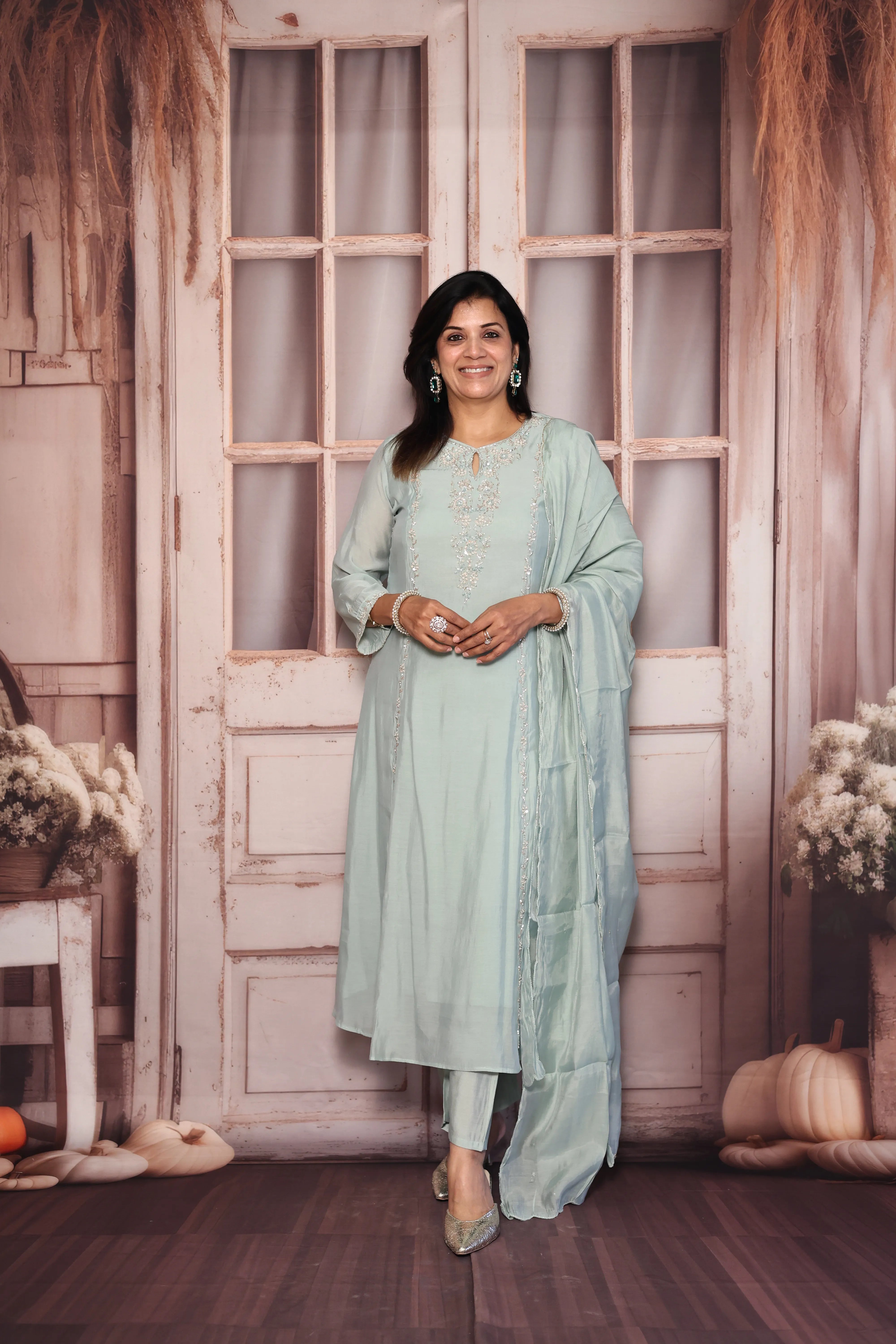 Sea Green A-Line Kurta Dupatta Set | Pearl & Sequin Embroidered Premium Muslin Silk Ensemble