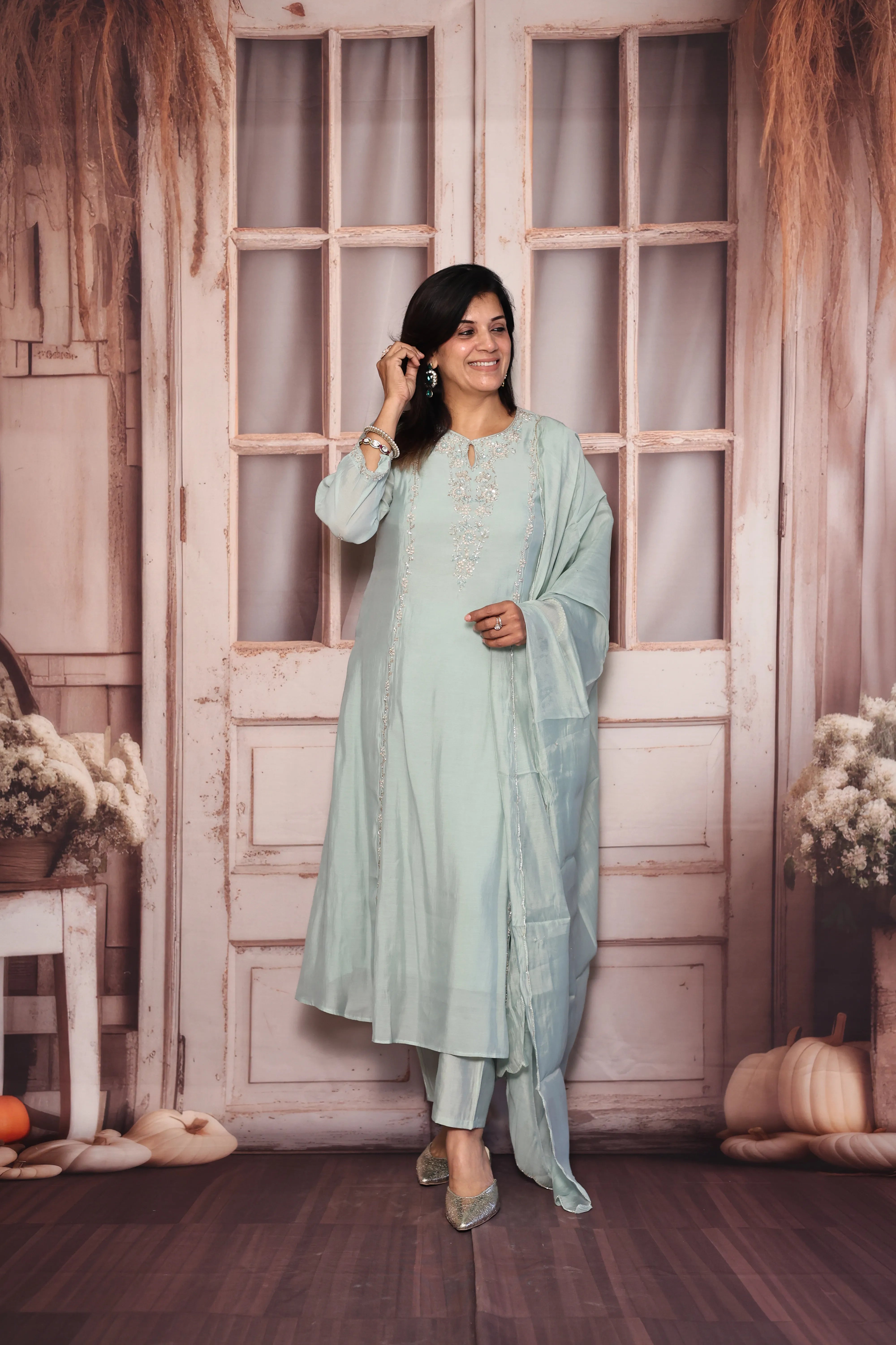 Sea Green A-Line Kurta Dupatta Set | Pearl & Sequin Embroidered Premium Muslin Silk Ensemble