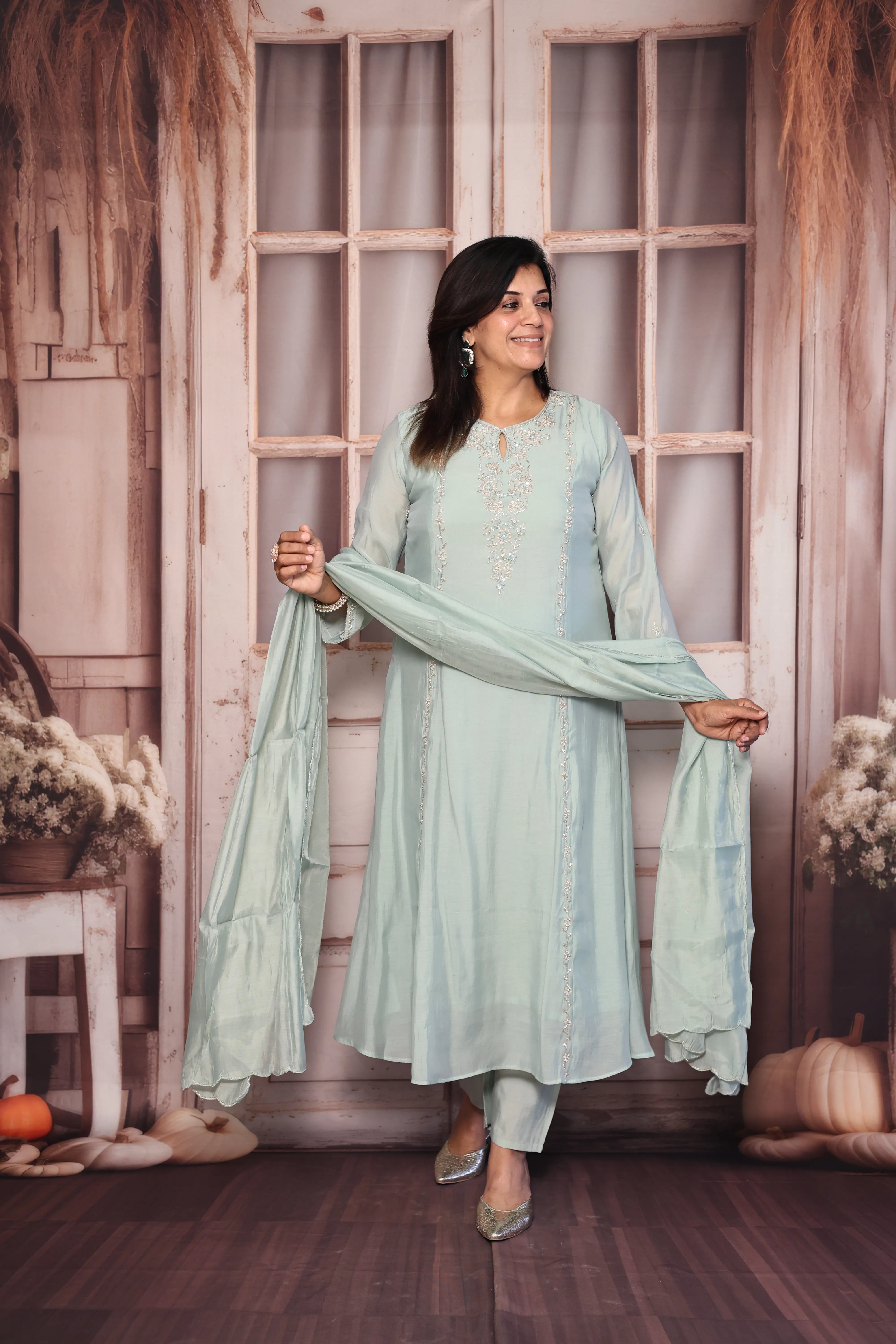 Sea Green A-Line Kurta Dupatta Set | Pearl & Sequin Embroidered Premium Muslin Silk Ensemble