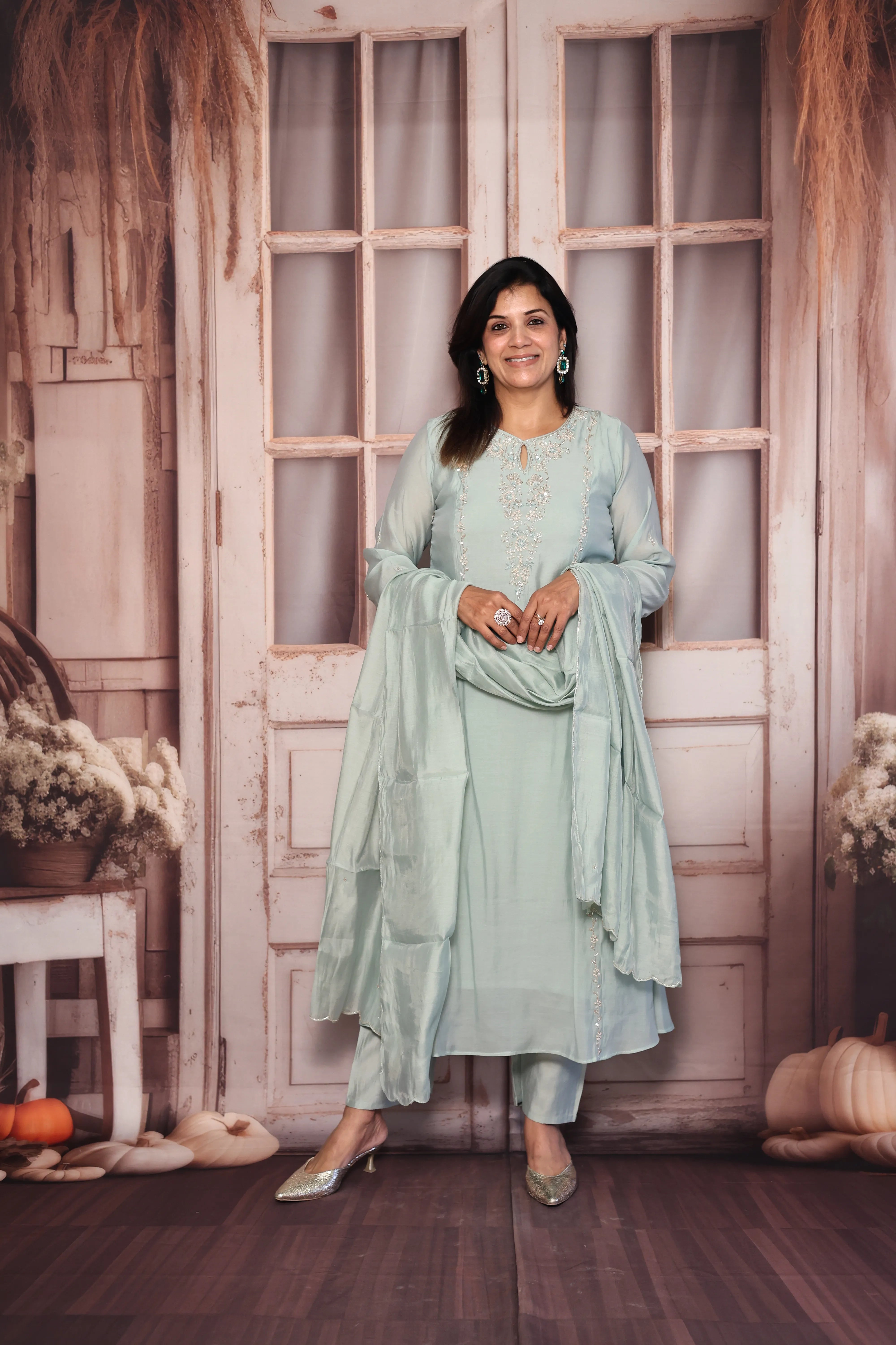 Sea Green A-Line Kurta Dupatta Set | Pearl & Sequin Embroidered Premium Muslin Silk Ensemble