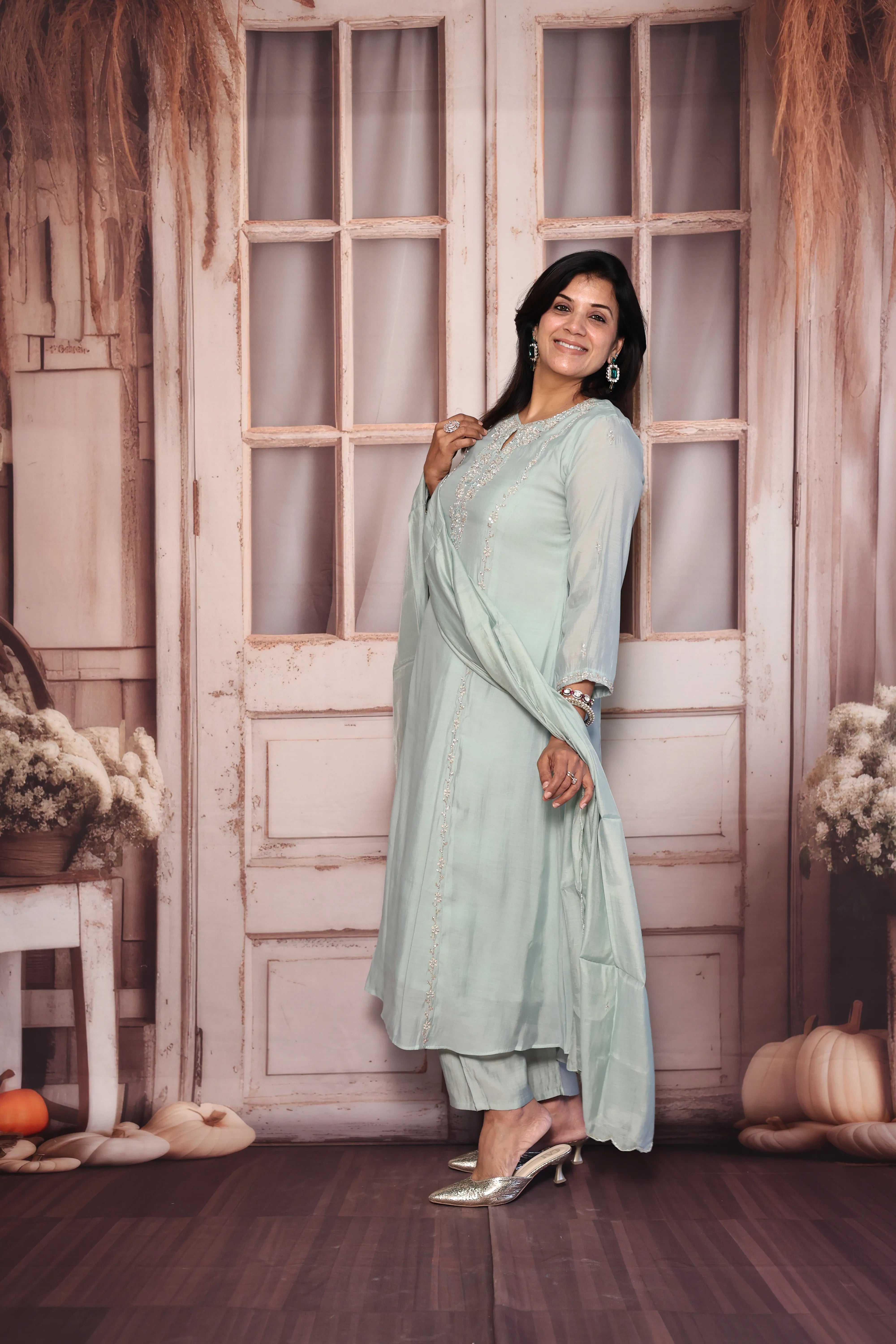 Sea Green A-Line Kurta Dupatta Set | Pearl & Sequin Embroidered Premium Muslin Silk Ensemble